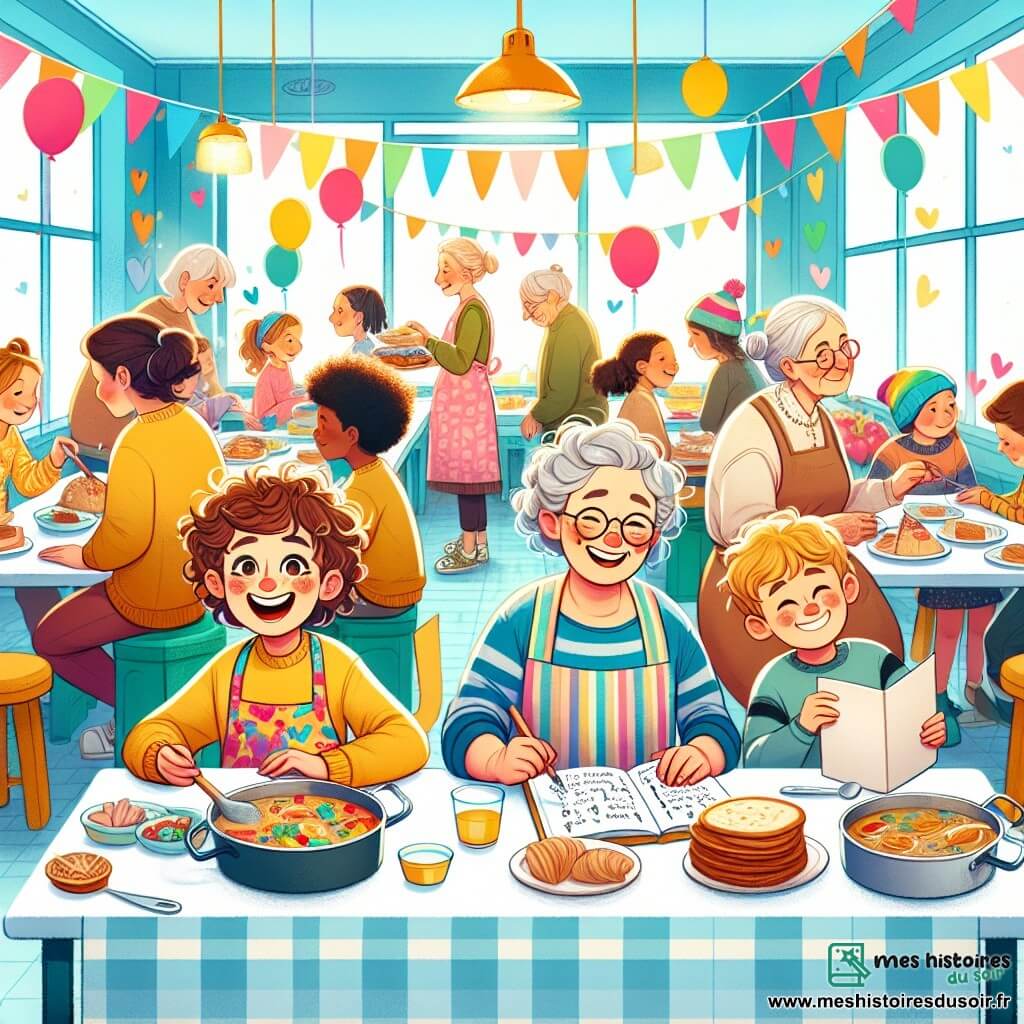 Illustration destinée aux enfants représentant un centre communautaire chaleureux, avec des murs peints de couleurs vives, des tables en bois où des familles se rassemblent autour de plats de nourriture. Au premier plan, une fille de 11 ans aux cheveux bouclés et brillants, portant un tablier coloré, sourit joyeusement en préparant des assiettes de nourriture. À ses côtés, un garçon de son âge, avec des yeux pétillants et des vêtements simples, dessine sur un carnet, tandis qu'une femme âgée au sourire bienveillant, avec des cheveux argentés, distribue des sandwichs à des enfants. L'atmosphère est remplie de rires et de chaleur humaine, illustrant la solidarité et l'entraide au sein de la communauté. Des ballons colorés flottent dans l'air, et des enfants jouent joyeusement en arrière-plan, créant une scène vibrante de partage et de joie.