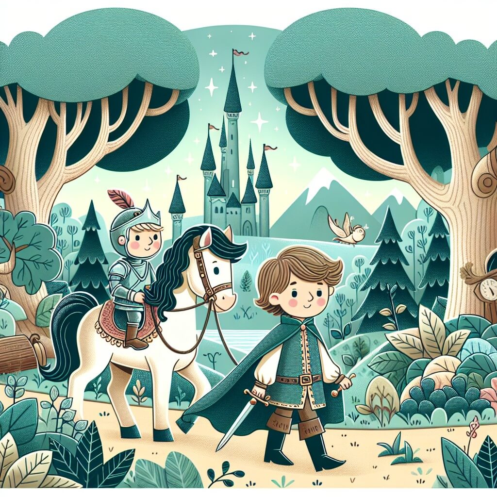 Une illustration destinée aux enfants représentant un jeune prince courageux, accompagné de son fidèle destrier, explorant une forêt enchantée où les arbres majestueux se dressent avec grâce, à la recherche d'un mystérieux ennemi qui menace le royaume.
