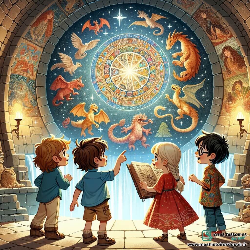 Illustration d'une grande salle circulaire dans un royaume magique, avec des murs ornés de mosaïques colorées illustrant des histoires de dragons et de princesses. Au centre, quatre jeunes aventuriers : un garçon de 10 ans aux cheveux bruns en bataille, en t-shirt bleu et short beige, admire les mosaïques ; une fille de 9 ans aux cheveux blonds tressés, en robe rouge, pointe une mosaïque ; un garçon de 11 ans avec des lunettes et cheveux châtains, feuillette un livre ancien ; et une fille de 10 ans aux cheveux bouclés, souriante, porte un t-shirt coloré et examine une carte au trésor. Ils découvrent un passage secret, entourés d'une lumière douce et magique, avec des étoiles scintillantes, symbolisant aventure et amitié. Des livres anciens sont empilés sur une table, des éclats de lumière dorée émanent des mosaïques, et des ombres mystérieuses créent une atmosphère d'exploration.