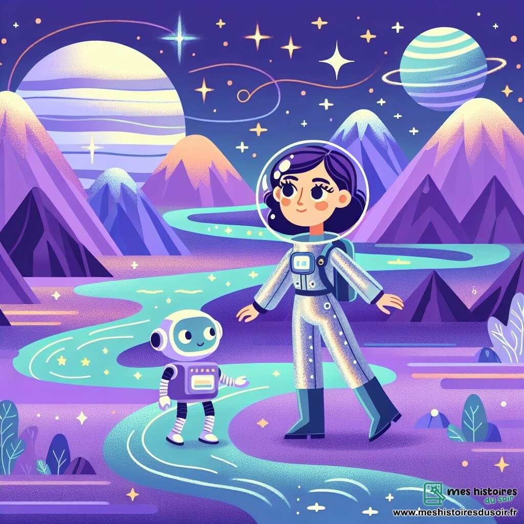 Une illustration destinée aux enfants représentant une femme intrépide, vêtue d'une combinaison spatiale scintillante, explorant une planète lointaine remplie de montagnes violettes et de rivières d'étoiles, accompagnée d'un petit robot curieux.