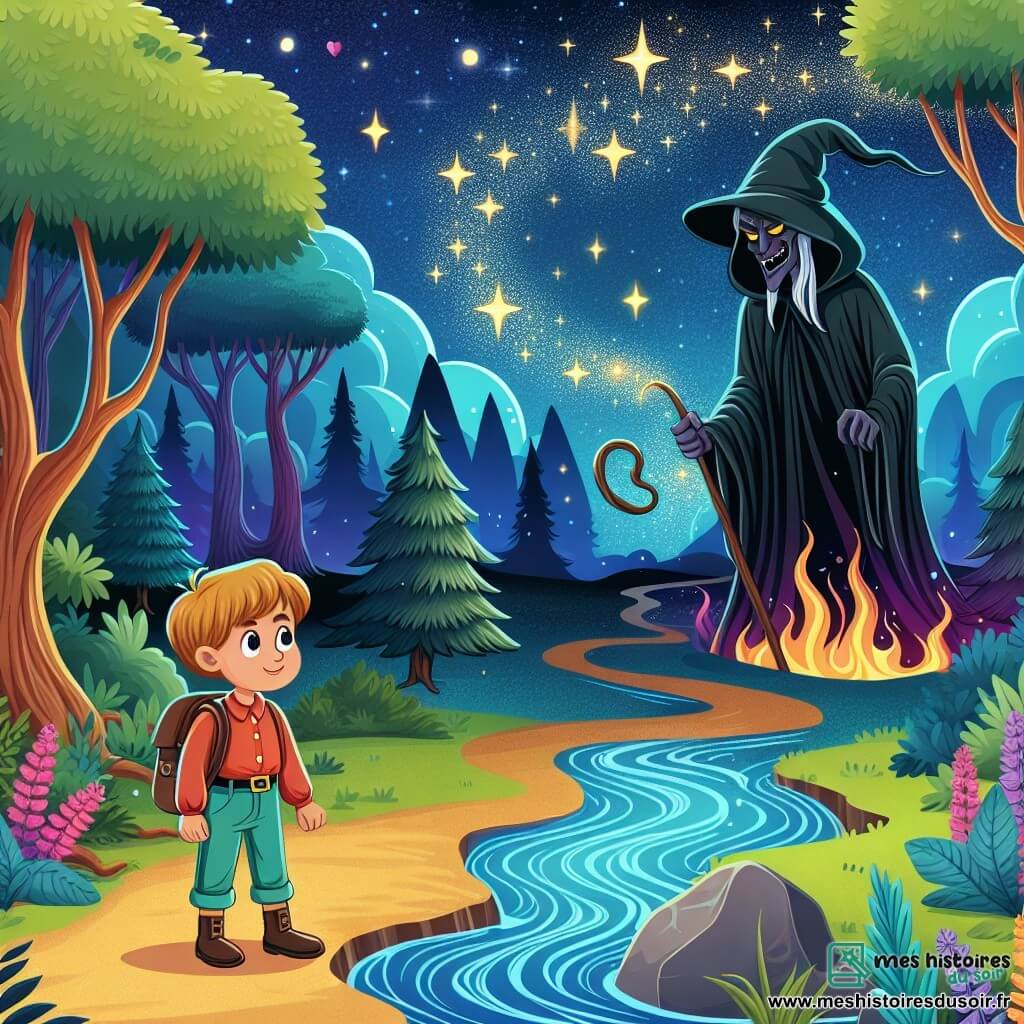 Une illustration destinée aux enfants représentant un aventurier intrépide (garçon) se tenant face à un Sorcier des Ténèbres maléfique, entouré de la Forêt Enchantée aux arbres chantants et rivières murmuraient des secrets anciens, dans un univers lointain et flamboyant au-delà des étoiles scintillantes.