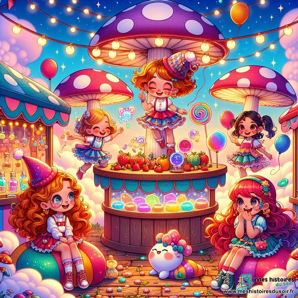 Illustration d'une foire magique colorée avec des stands en forme de champignon, ornés de guirlandes lumineuses. Au centre, une grande roue en bois tourne lentement sous un ciel bleu éclatant. Quatre jeunes filles sont présentes : l'une, aux cheveux bouclés dorés et âgée d'environ 8 ans, danse joyeusement avec un chapeau de clown ; une autre, brune avec des lunettes, d'environ 9 ans, tient un gadget brillant, émerveillée ; une fille rousse avec des taches de rousseur, d'environ 7 ans, flotte sur un coussin magique, surprise et amusée ; enfin, une fille aux cheveux noirs, d'environ 8 ans, rit aux éclats en regardant ses amies. La scène montre les filles découvrant des objets magiques, entourées de couleurs vives et de rires, avec des fruits scintillants et des potions sur les stands, créant une ambiance joyeuse et fantastique.