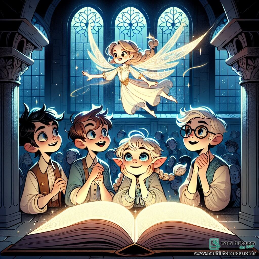 Une illustration sous forme de dessin destinée aux enfants représentant une ancienne bibliothèque mystérieuse aux grandes fenêtres voilées, où un groupe de quatre enfants de 7 ans (deux garçons aux cheveux ébouriffés et aux yeux pétillants, une fille avec des tresses et un sourire malicieux, et un garçon aux lunettes rondes) se tient autour d'un livre épais et lumineux, découvrant avec émerveillement un fae aux ailes scintillantes qui flotte devant eux, tandis qu'une lumière éclatante jaillit des pages du livre, créant une atmosphère magique et intrigante.