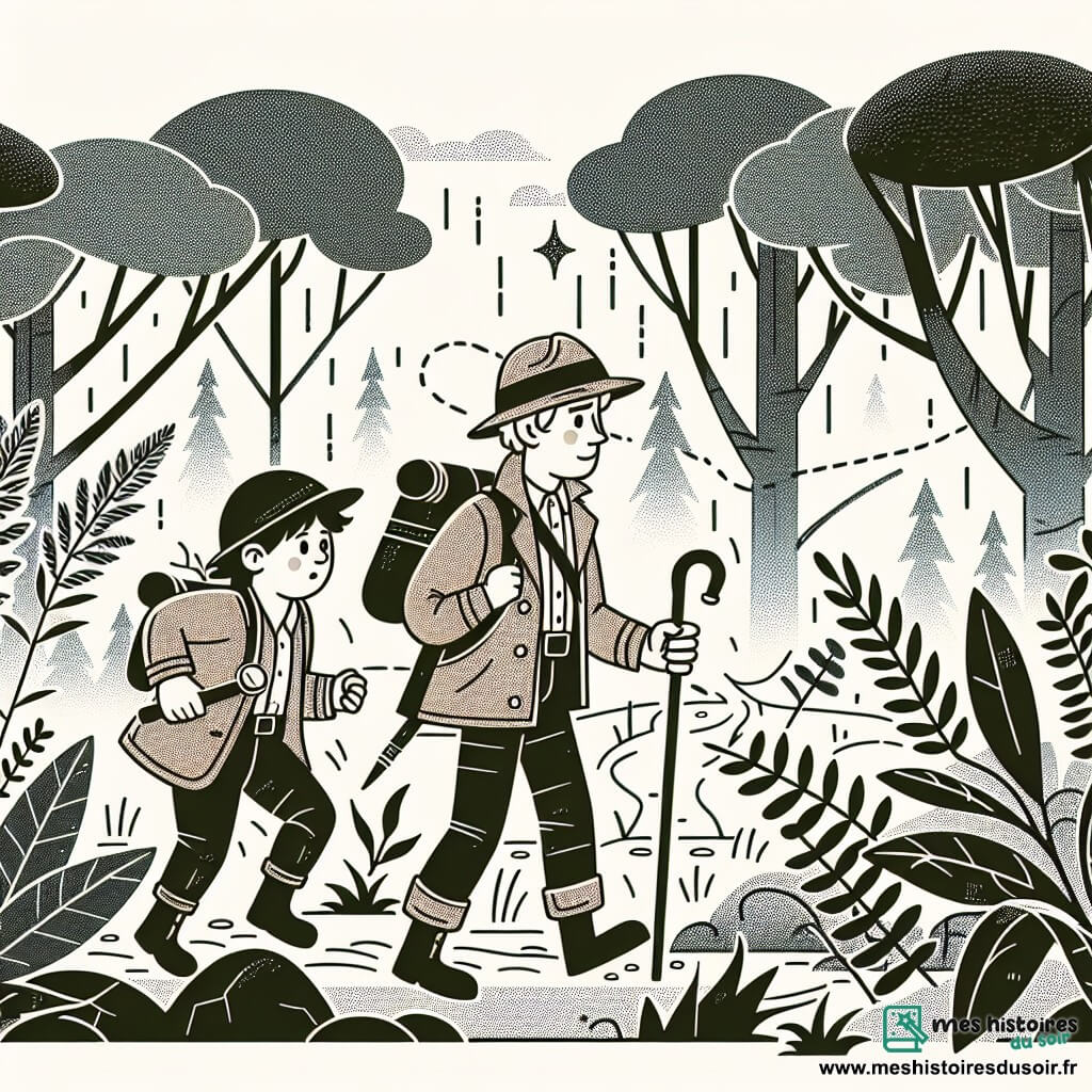 Une illustration destinée aux enfants représentant un explorateur courageux, accompagné de son fidèle ami botaniste, se frayant un chemin à travers une forêt dense et mystérieuse, à la recherche du mystère perdu.