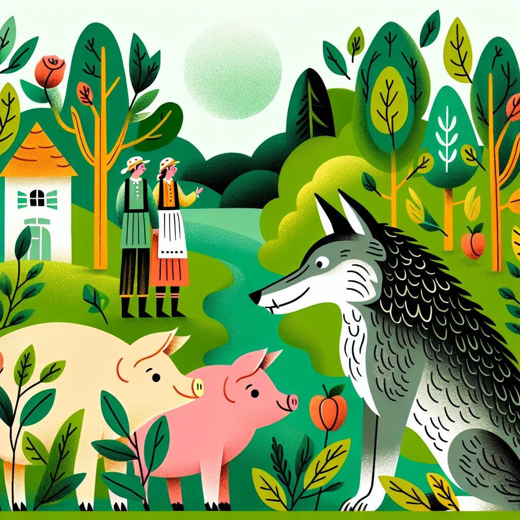 Une illustration destinée aux enfants représentant un adorable trio de petits cochons, confrontés à un loup végétarien, dans une ferme charmante à l'orée d'une forêt verdoyante et luxuriante.