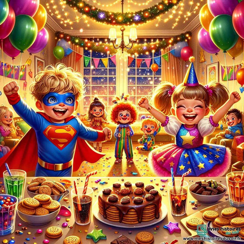 Illustration d'une salle festive décorée pour le Nouvel An, avec des murs ornés de guirlandes scintillantes et de ballons multicolores. Au centre, une grande table offre des biscuits au chocolat et des jus de fruits pétillants, créant une ambiance joyeuse. Trois enfants sont au premier plan : un garçon de 8 ans en costume de super-héros rouge et bleu, une fille de 7 ans avec des couettes roses dansant en robe étincelante, et un garçon de 6 ans déguisé en clown faisant une grimace. La scène montre leur excitation à partager des vœux pour la nouvelle année, avec des papiers colorés autour d'eux et un chapeau sur la table. En arrière-plan, des parents souriants préparent des feux d'artifice, ajoutant une touche magique à la célébration.