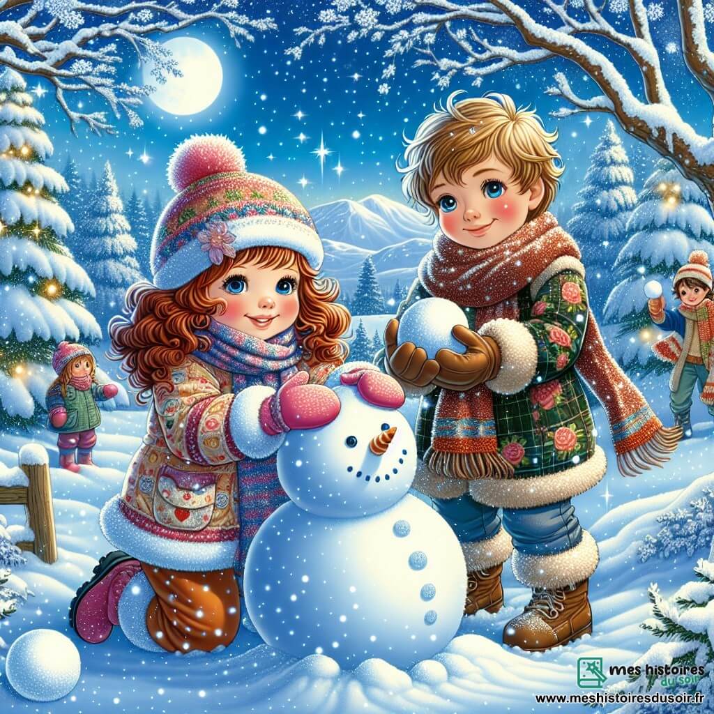 Illustration d'un jardin enchanté recouvert de neige scintillante sous un ciel bleu clair. Au centre, une fille de 9 ans aux joues roses et aux cheveux châtains bouclés, en combinaison de neige colorée et écharpe en laine, s'agenouille pour façonner un bonhomme de neige. À ses côtés, un garçon de 11 ans aux cheveux blonds en bataille et sourire malicieux, tient une boule de neige prête à être lancée, les joues rougies par le froid. En arrière-plan, des arbres chargés de neige et des flocons tombant doucement ajoutent une touche magique à l'atmosphère hivernale. La scène dégage une sensation de joie et de camaraderie, illustrant le bonheur des enfants en activité hivernale.