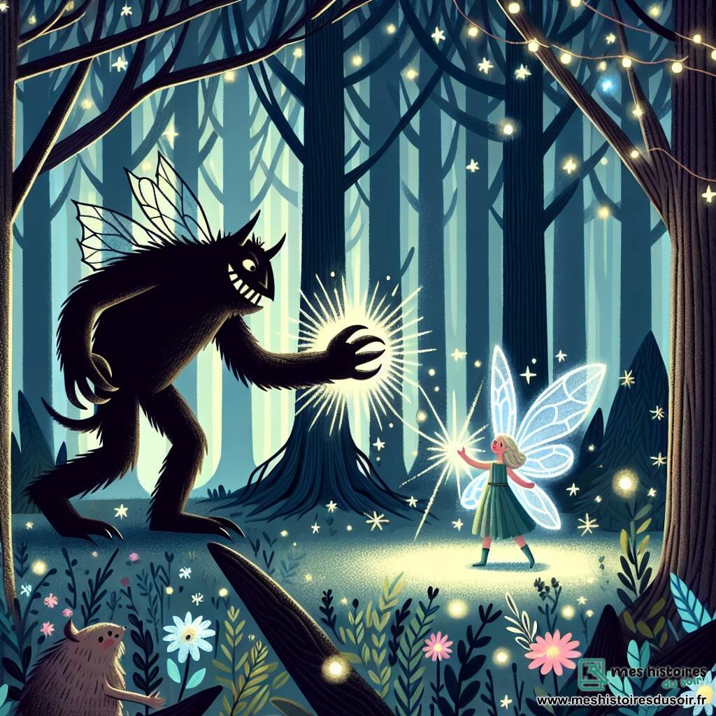 Une illustration destinée aux enfants représentant une fée lumineuse et bienveillante venant en aide à une créature sombre et menaçante, dans une forêt dense et mystérieuse aux arbres frémissants et aux fleurs chatoyantes.