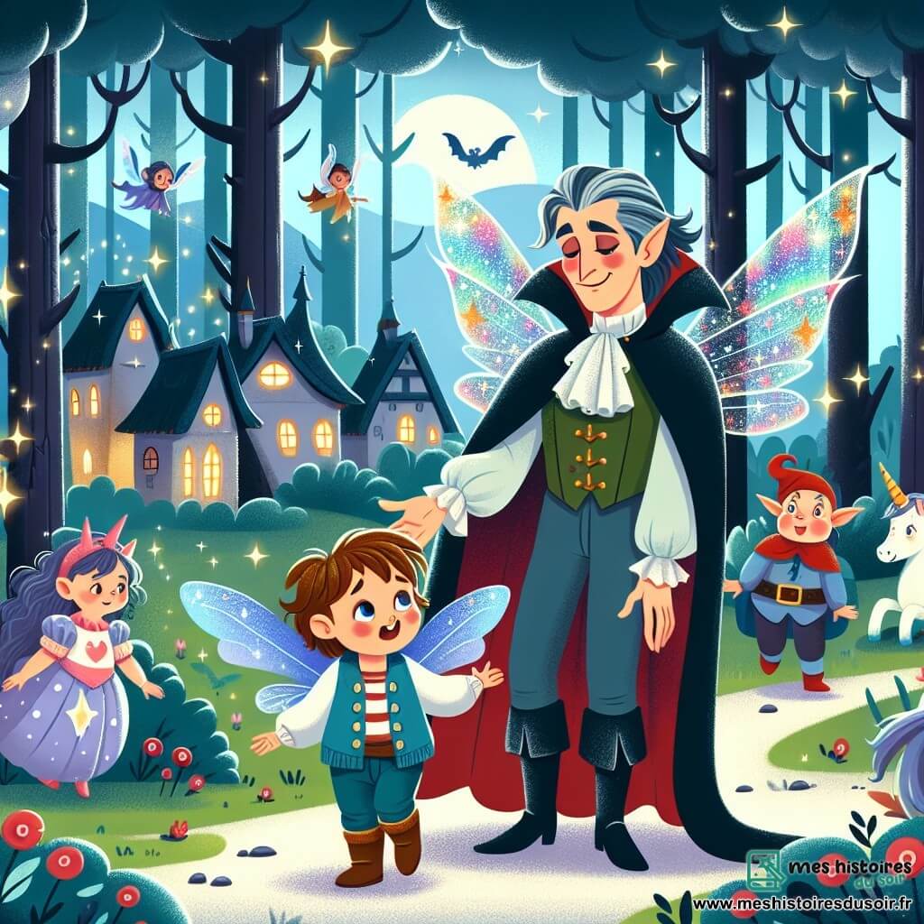 Une illustration destinée aux enfants représentant un vampire bienveillant aux ailes étincelantes découvrant une forêt enchantée en compagnie d'un petit garçon curieux, dans un village au cœur d'une forêt mystérieuse remplie de fées lumineuses, de lutins farceurs et de licornes majestueuses.