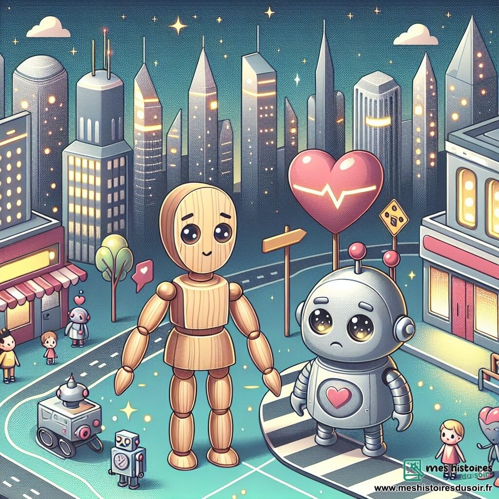 Une illustration destinée aux enfants représentant un petit pantin en bois qui, dans un monde futuriste où les robots sont exploités, se bat pour les droits des machines, accompagné d'une adorable robot triste aux yeux étincelants, dans une ville futuriste aux gratte-ciel étincelants et aux rues animées de robots.