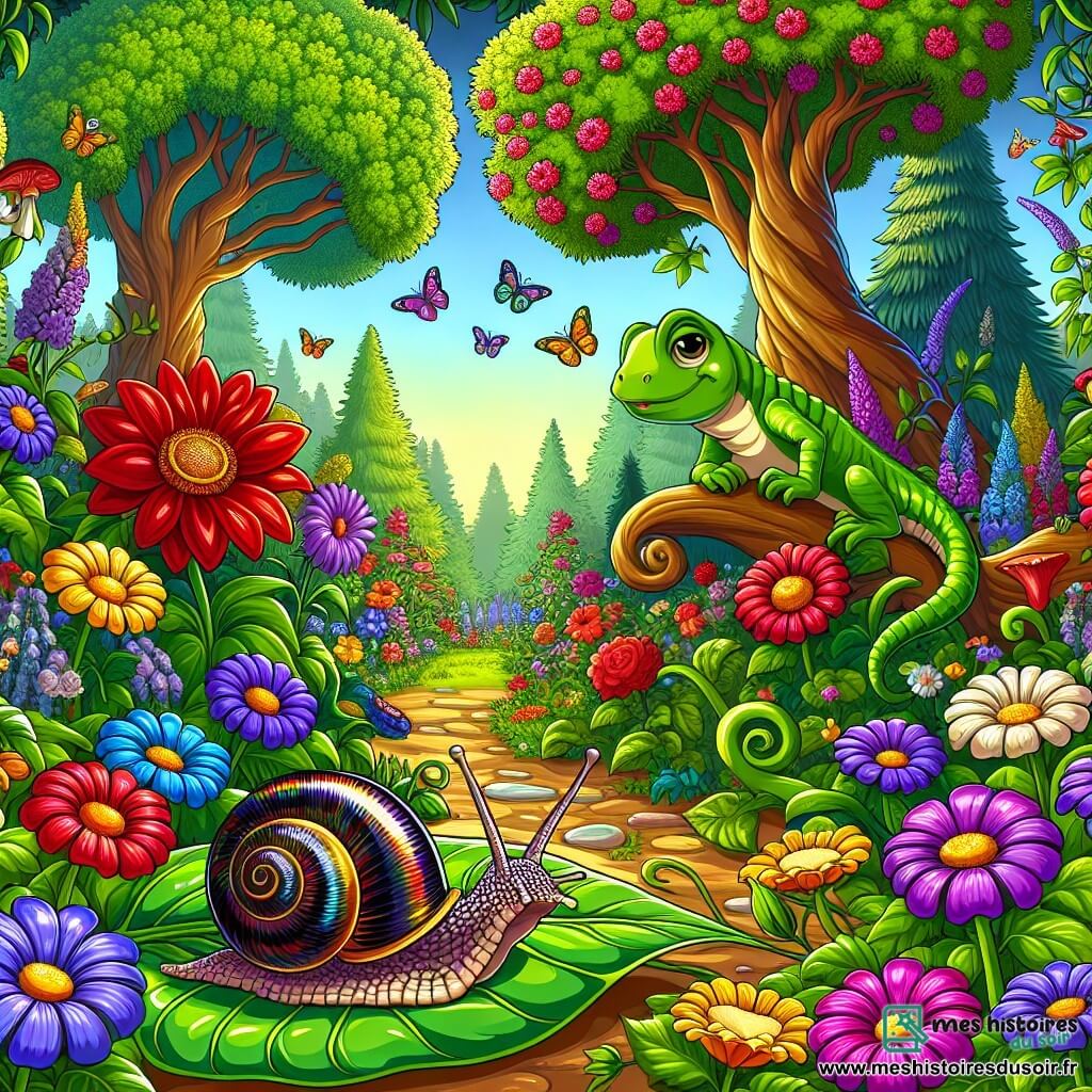 Illustration d'un jardin enchanté, rempli de fleurs colorées aux pétales éclatants de rouge, jaune et violet, et de grands arbres aux feuilles vertes luxuriantes. Au centre, un petit escargot avec une coquille brillante se déplace lentement sur une feuille, affichant un regard curieux. À proximité, un lézard vert vif, perché sur une pierre chaude, observe l'escargot avec un sourire amical. L'escargot semble excité à l'idée d'explorer ce coin mystérieux, tandis que le lézard profite du soleil. En arrière-plan, des papillons colorés volent autour des fleurs, ajoutant une touche de magie à cette scène joyeuse.