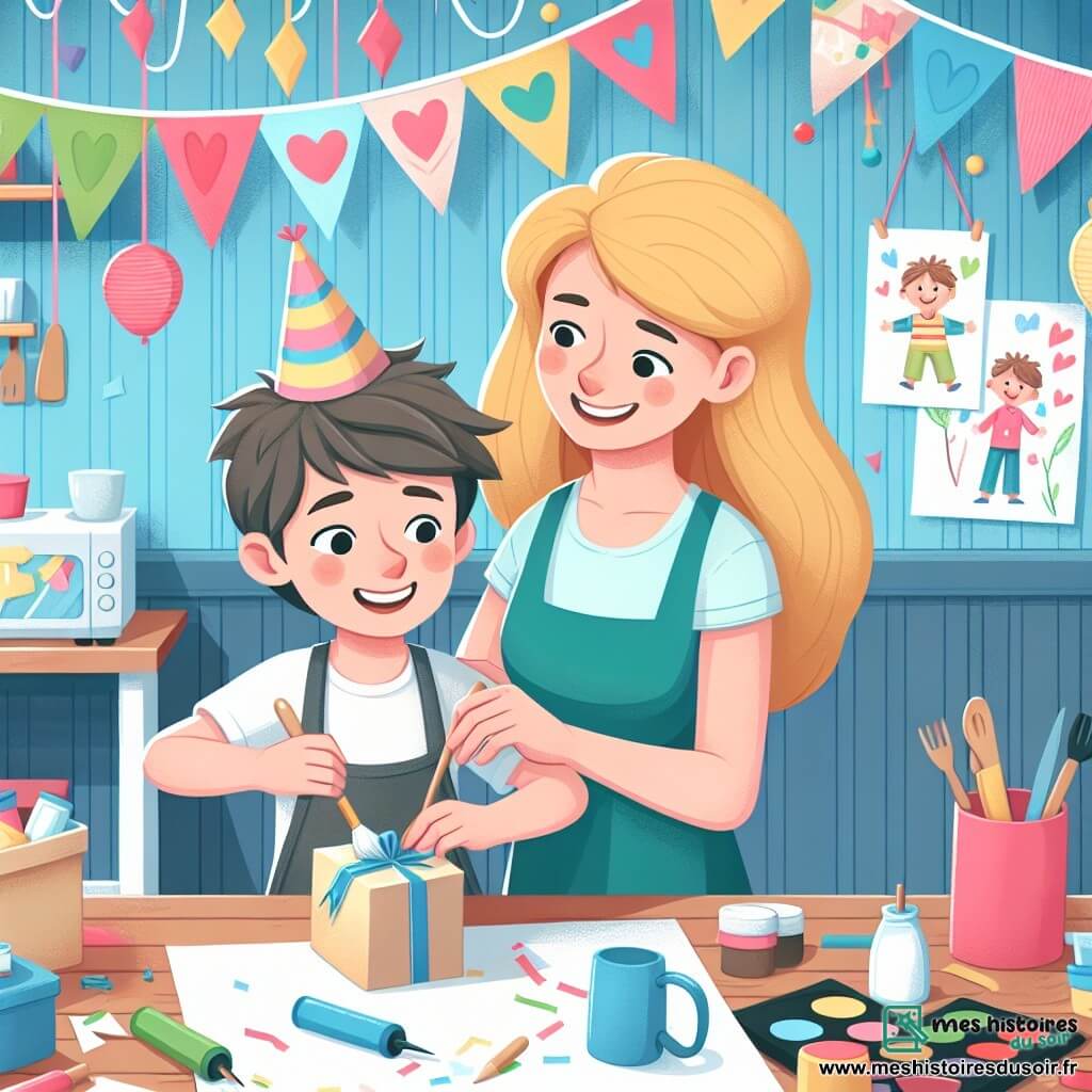 Une illustration destinée aux enfants représentant un petit garçon créatif et plein d'amour préparant une surprise pour son papa avec l'aide bienveillante de sa maman dans une cuisine lumineuse et colorée décorée de guirlandes de papier et de dessins accrochés aux murs.