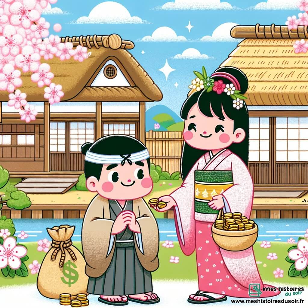 Une illustration destinée aux enfants représentant une femme d'une grande bonté, aidant un homme cupide et avide de richesse, dans un village japonais pittoresque aux toits de chaume et aux cerisiers en fleurs.