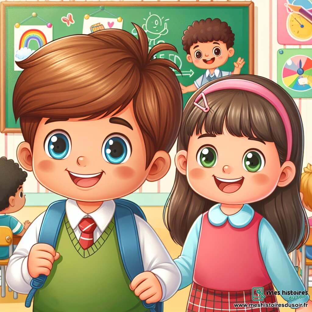 Une illustration destinée aux enfants représentant un petit garçon curieux et joyeux vivant sa première rentrée des classes, accompagné d'une petite fille souriante, dans une école colorée et animée par des enfants jouant et apprenant ensemble.
