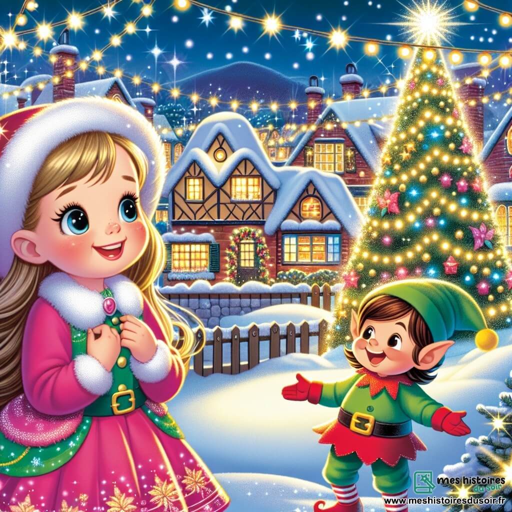 Une illustration destinée aux enfants représentant une fillette émerveillée par la visite d'un lutin joyeux, dans un village enneigé aux maisons décorées de guirlandes lumineuses et un grand sapin scintillant sur la place centrale.