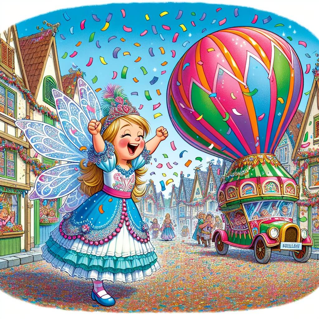 Une illustration destinée aux enfants représentant une jeune fille pleine d'enthousiasme, vêtue d'une robe de fée scintillante, découvrant une immense machine à confettis colorés lors du carnaval de son village pittoresque, Bonheurville, où les rues sont bordées de maisons aux façades colorées et décorées de guirlandes festives.