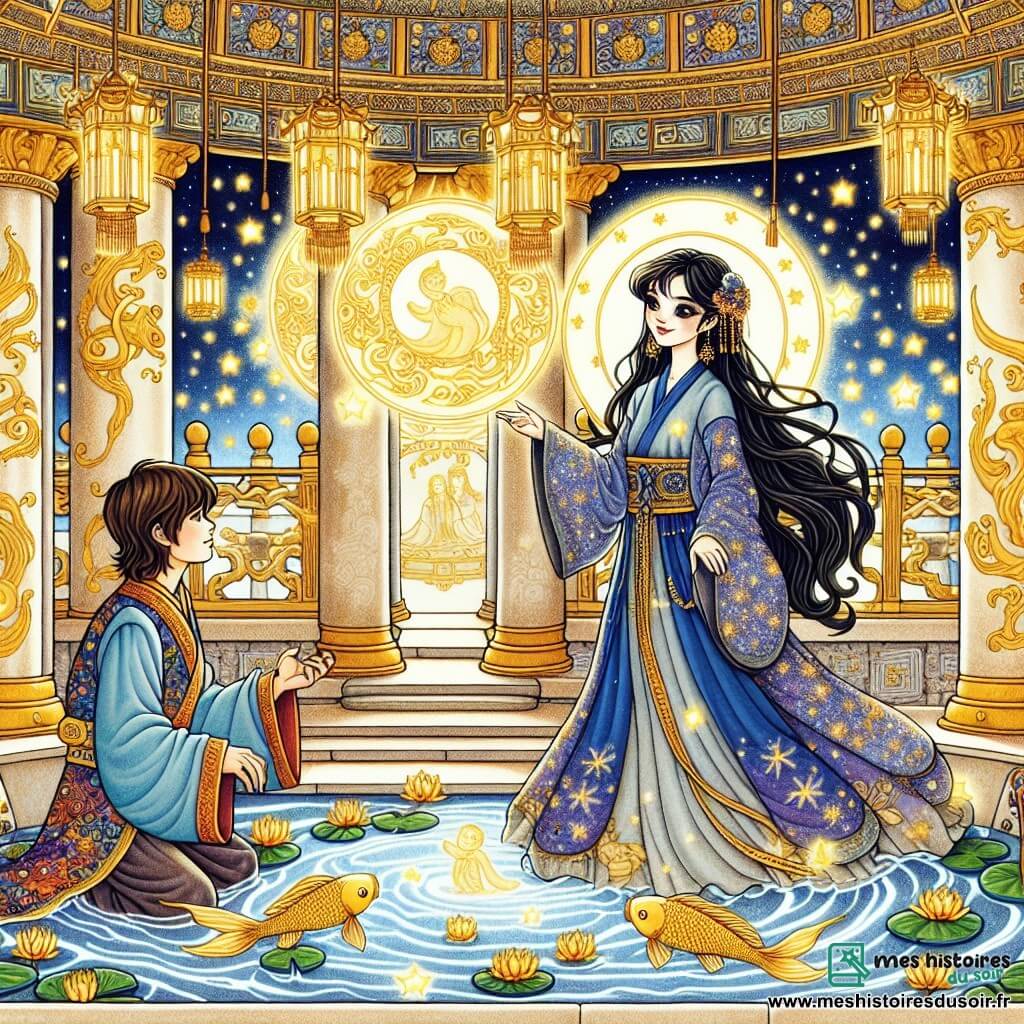 Une illustration sous forme de dessin destinée aux enfants représentant l'intérieur du Temple du Ciel, un lieu majestueux aux murs ornés de motifs dorés et de lanternes suspendues, où une jeune femme aux longs cheveux noirs et à la robe de soie bleue, concentrée et déterminée, se tient au centre d'un cercle dessiné avec de la poudre d'étoiles, tandis qu'un jeune empereur aux traits fins et à la tunique colorée, assis près d'un étang, l'écoute avec émerveillement, entouré de nénuphars et de poissons dorés, capturant l'instant magique où elle lui transmet des rêves d'harmonie et de prospérité pour son peuple.