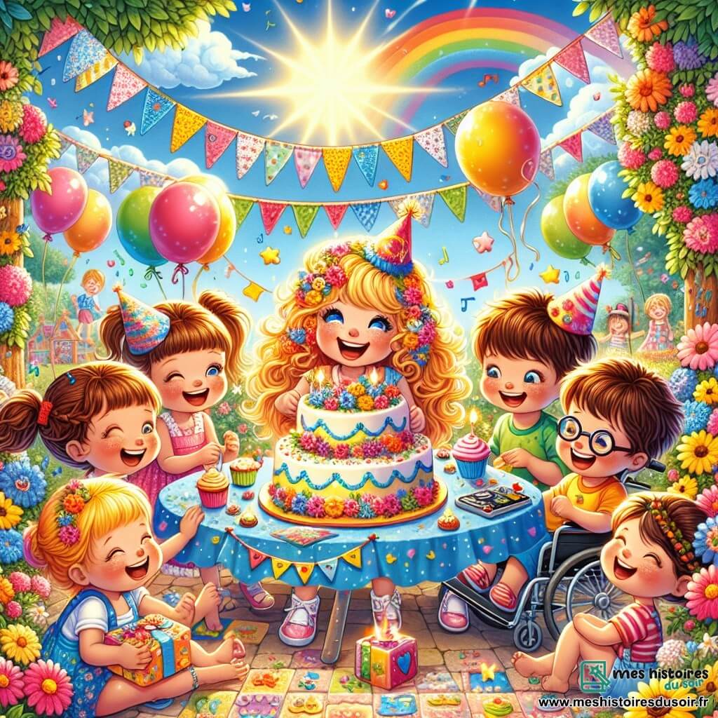 Illustration destinée aux enfants représentant un jardin coloré, rempli de fleurs éclatantes et de guirlandes festives flottant dans le vent, sous un ciel bleu parsemé de nuages blancs. Au centre, un groupe d'enfants de 5 ans, tous joyeux, s'affairent autour d'une grande table décorée de cupcakes aux couleurs vives : une fille aux cheveux blonds et bouclés, souriante, tient un grand gâteau d'anniversaire, tandis qu'un garçon aux cheveux bruns et aux lunettes rondes s'apprête à mettre de la musique avec un petit haut-parleur. À côté d'eux, une autre fille aux cheveux châtains et tressés, riant aux éclats, aide une amie en fauteuil roulant à assembler un puzzle géant. L'atmosphère est remplie de rires et de joie, avec des ballons flottant dans les airs et un arc-en-ciel brillant apparaissant après une légère pluie, ajoutant une touche magique à cette fête d'anniversaire inoubliable.