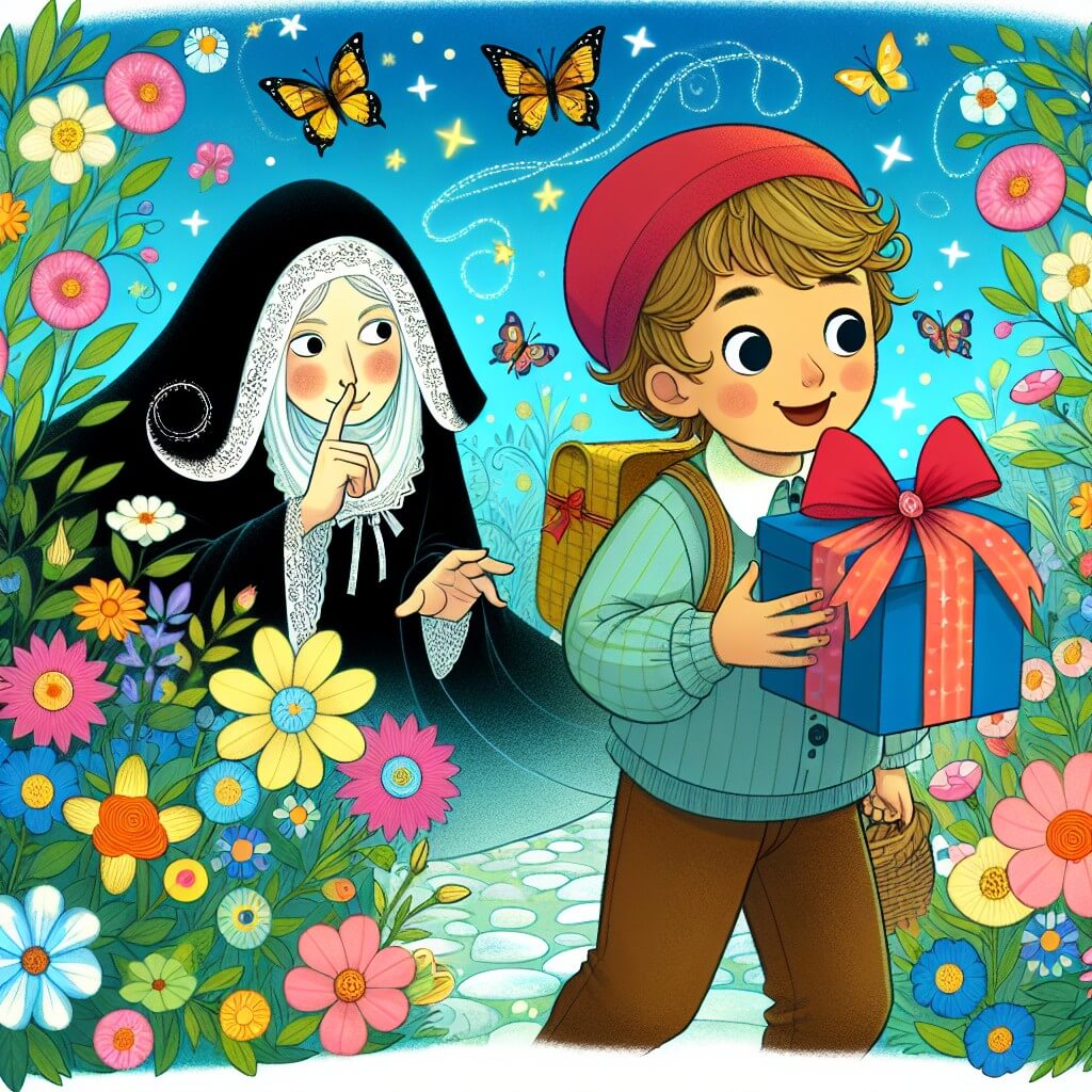 Une illustration destinée aux enfants représentant un jeune garçon plein d'imagination et de curiosité, cherchant un cadeau spécial pour sa maman, accompagné d'un personnage secondaire mystérieux, dans un jardin enchanté rempli de fleurs colorées et de papillons virevoltants.