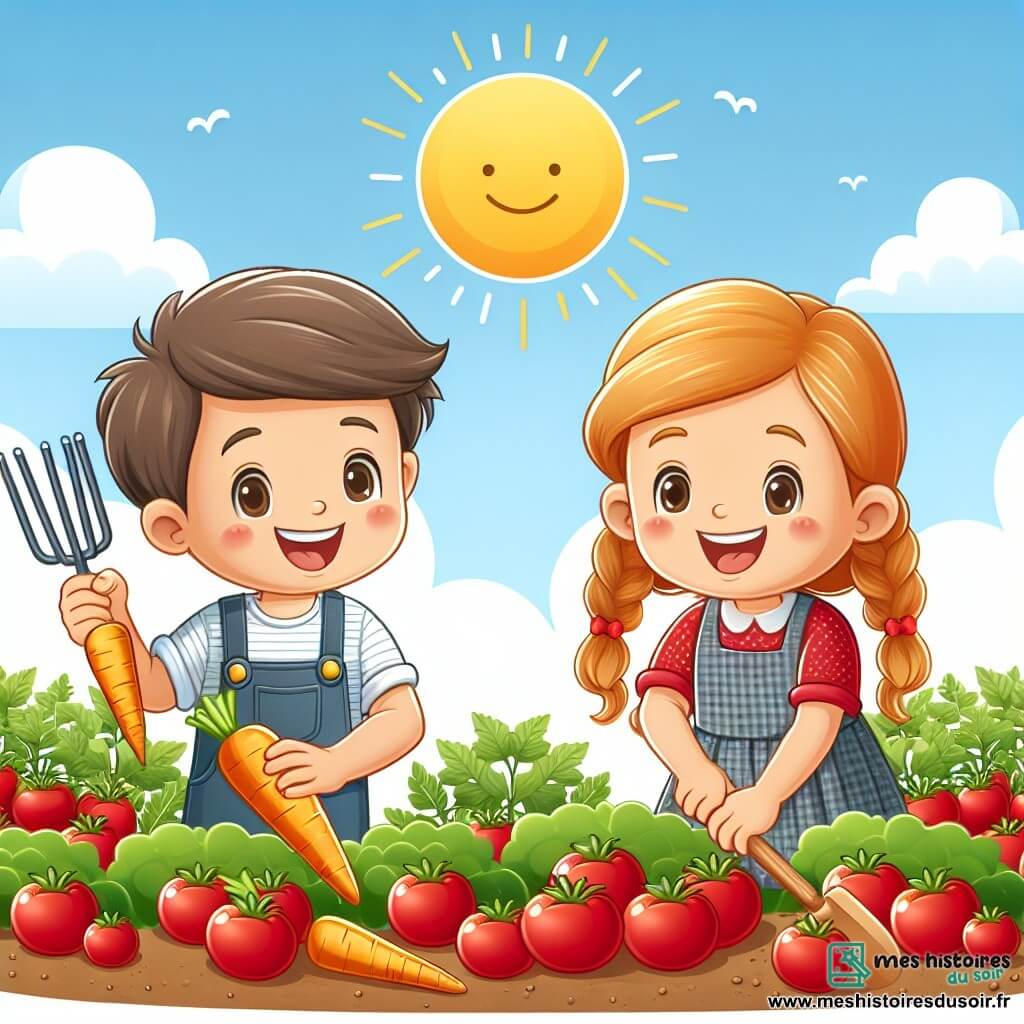 Une illustration destinée aux enfants représentant un petit garçon joyeux cultivant un potager avec sa sœur, dans un jardin ensoleillé rempli de tomates rouges et de carottes orange, mettant en avant l'égalité des sexes.