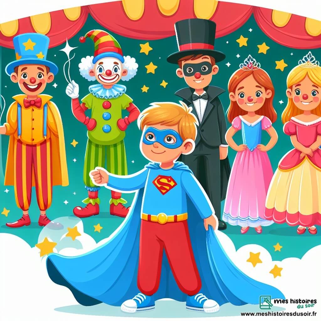 Une illustration destinée aux enfants représentant un petit garçon déguisé en super-héros, participant à un concours de déguisements lors d'un carnaval coloré rempli de clowns rigolos, de princesses étincelantes et d'un magicien mystérieux.