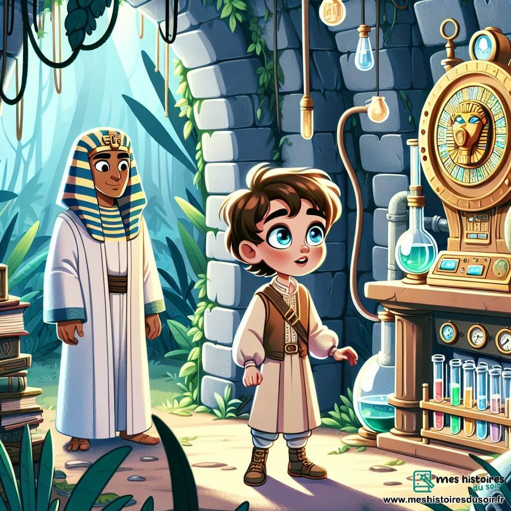 Une illustration sous forme de dessin destinée aux enfants représentant un laboratoire mystérieux en pierre, envahi par la végétation, avec un garçon de 11 ans aux cheveux en bataille et aux yeux pétillants, debout devant une machine à voyager dans le temps, l'air émerveillé et curieux, tandis qu'un jeune garçon égyptien aux vêtements traditionnels, avec un sourire chaleureux, l'observe avec fascination, alors qu'ils se préparent à résoudre une énigme pour redonner la voix au Sphinx, entourés de tubes à essai et de livres anciens, créant une atmosphère d'aventure et de magie.