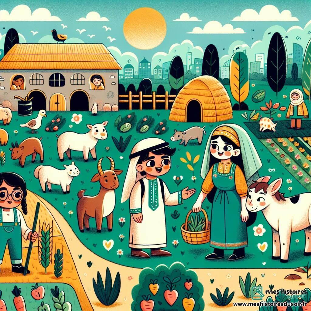 Une illustration destinée aux enfants représentant un garçon curieux et avide d'apprendre, faisant la rencontre d'un fermier chaleureux et passionné, dans une ferme écologique entourée de champs verdoyants, d'animaux joyeux et de cultures biologiques colorées.