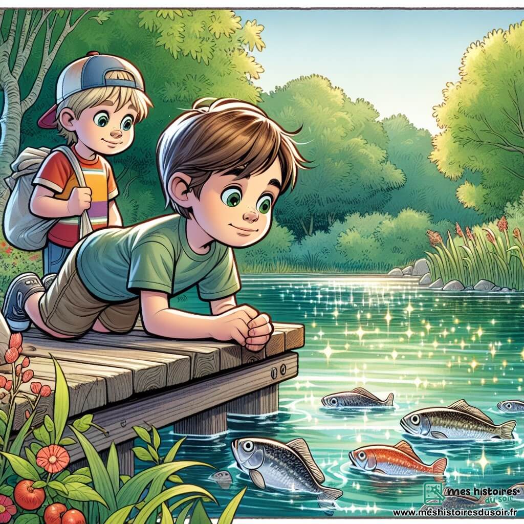 Une illustration sous forme de dessin destinée aux enfants représentant un lac paisible aux eaux scintillantes, entouré de verdure, où un garçon de 12 ans aux cheveux bruns et aux yeux pétillants, vêtu d'un t-shirt coloré et de shorts, se penche avec curiosité sur le bord de la jetée pour observer des poissons, tandis qu'à ses côtés, un autre garçon de son âge, aux cheveux blonds et portant une casquette, tient un sac poubelle et ramasse des déchets, illustrant leur engagement à protéger l'environnement et à sensibiliser les autres au changement climatique.
