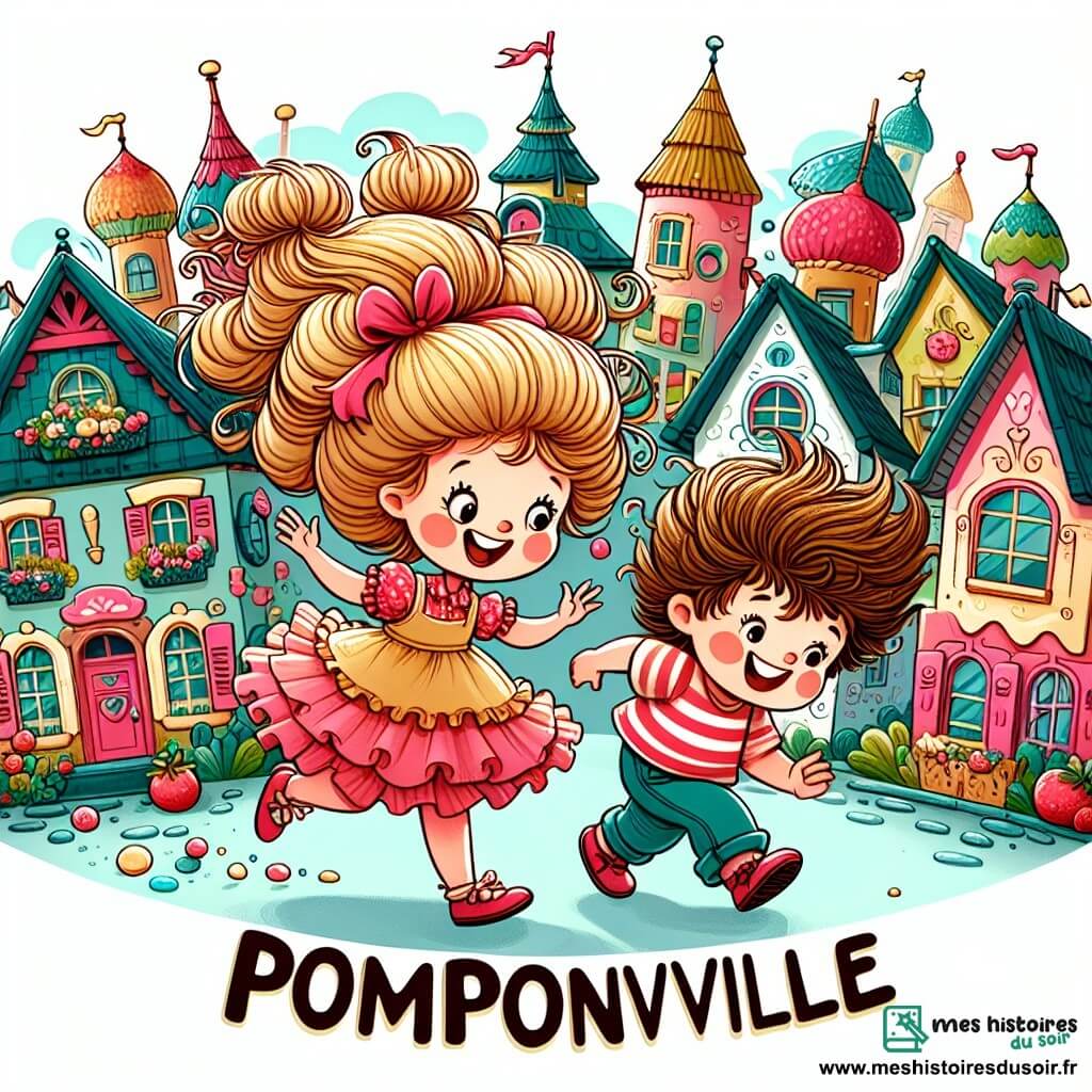 Une illustration destinée aux enfants représentant une petite fille espiègle et pleine d'énergie, accompagnée de son ami garçon aux cheveux ébouriffés, vivant des aventures loufoques et rigolotes dans un village coloré et animé appelé Pomponville.