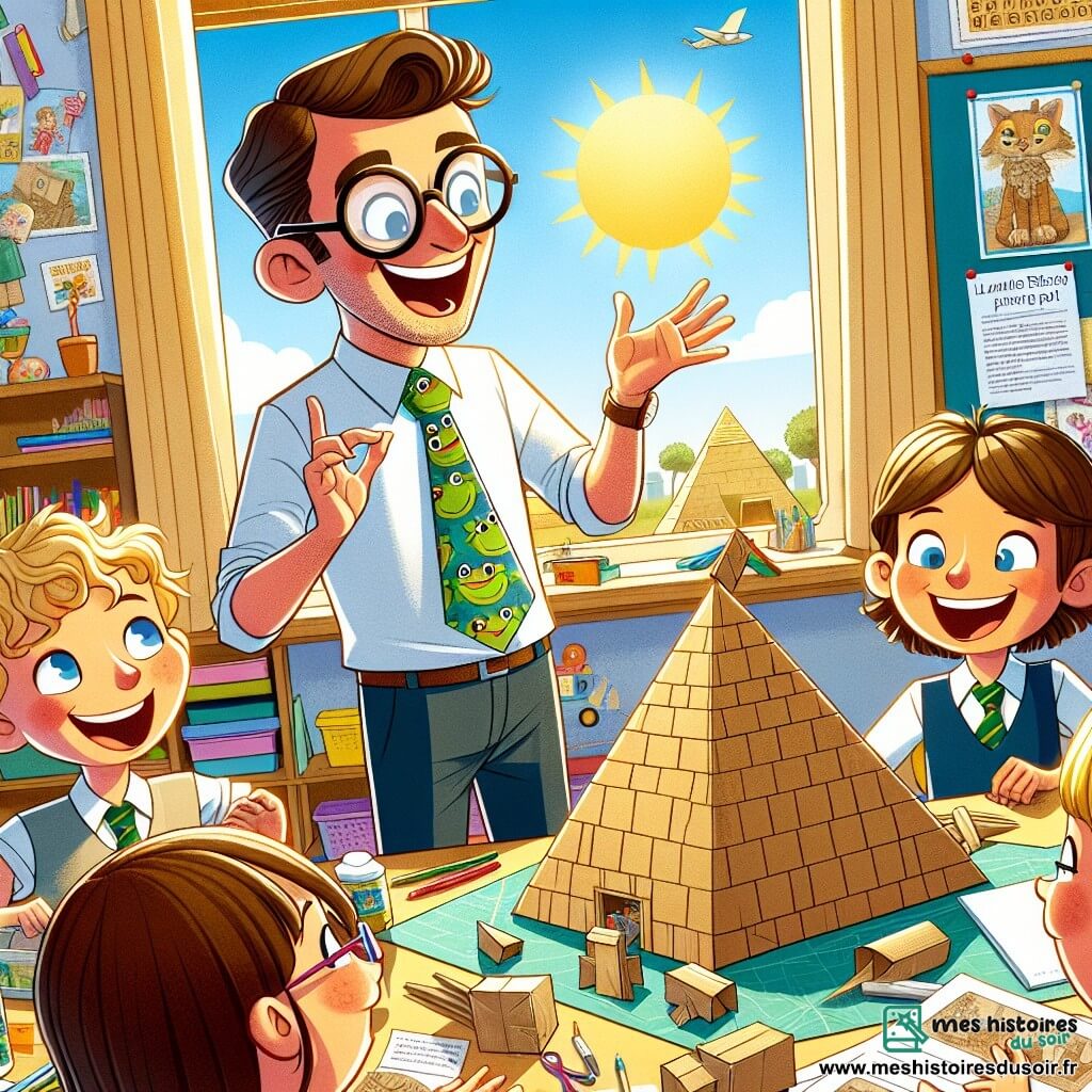 Une illustration sous forme de dessin destinée aux enfants représentant une salle de classe colorée et ensoleillée de l'Institut des Petits Explorateurs, où un instituteur homme aux lunettes rondes et à la cravate à motifs de grenouilles explique avec enthousiasme un projet sur l'Égypte ancienne, tandis qu'un groupe de quatre enfants, deux garçons aux cheveux bruns et deux filles aux cheveux blonds, s'affairent autour d'une grande maquette de pyramide en carton, avec des matériaux recyclés éparpillés sur leurs bureaux, le tout baigné dans une atmosphère joyeuse et créative.