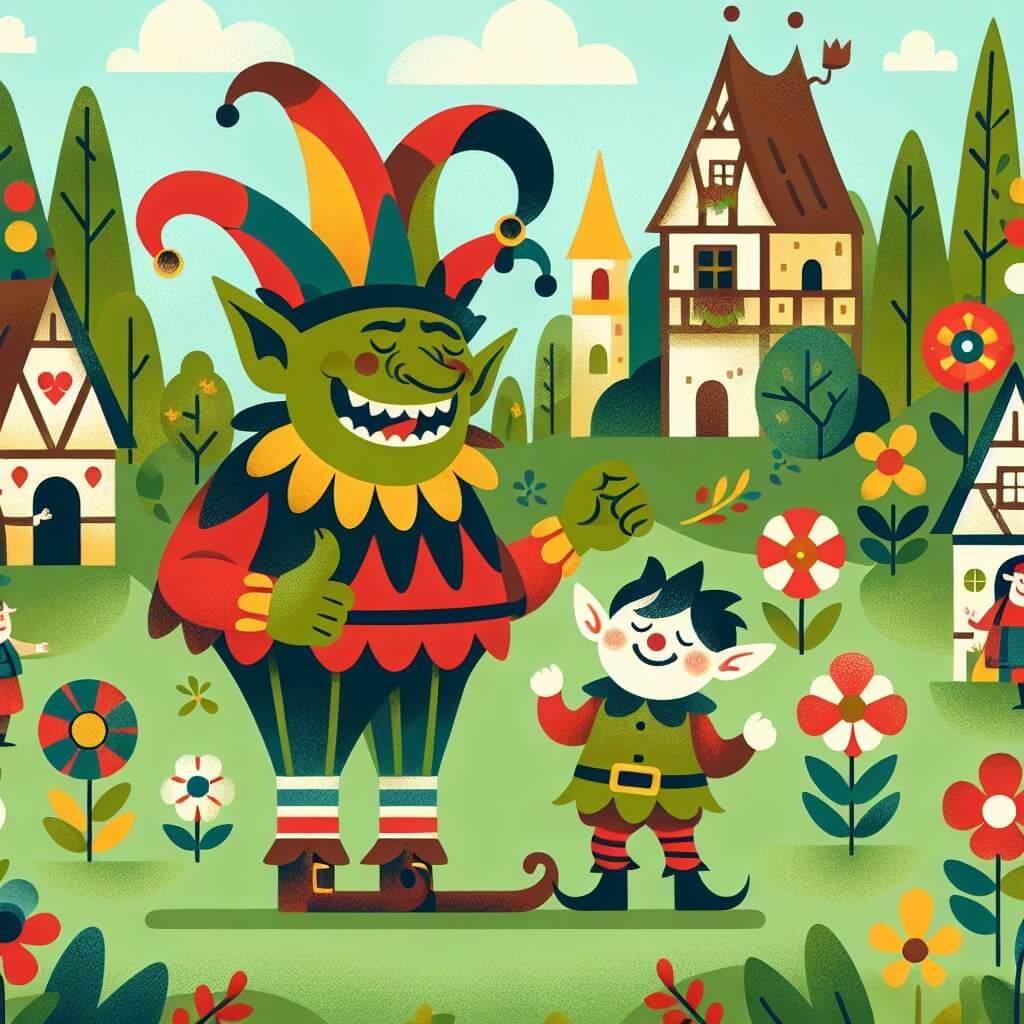 Une illustration destinée aux enfants représentant un ogre jovial et farceur, accompagné d'un petit lutin espiègle, dans un village coloré et enchanteur peuplé de fleurs dansantes et d'arbres parlants.