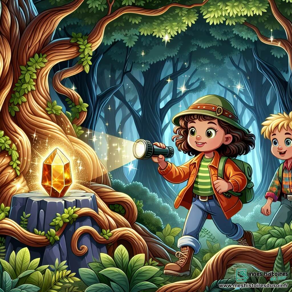 Une illustration sous forme de dessin destinée aux enfants représentant une forêt enchantée dense et mystérieuse, avec des arbres majestueux aux troncs noueux et un plafond de feuillage lumineux, où une jeune exploratrice aux cheveux bruns et bouclés, vêtue d'une veste colorée et d'un chapeau d'aventurière, tient une lampe torche dans une main et un carnet dans l'autre, tandis qu'à ses côtés, un garçon aux cheveux blonds et aux yeux pétillants, portant un sac à dos, regarde avec émerveillement une pierre scintillante posée sur un piédestal, symbolisant leur quête pour découvrir les secrets de la forêt.