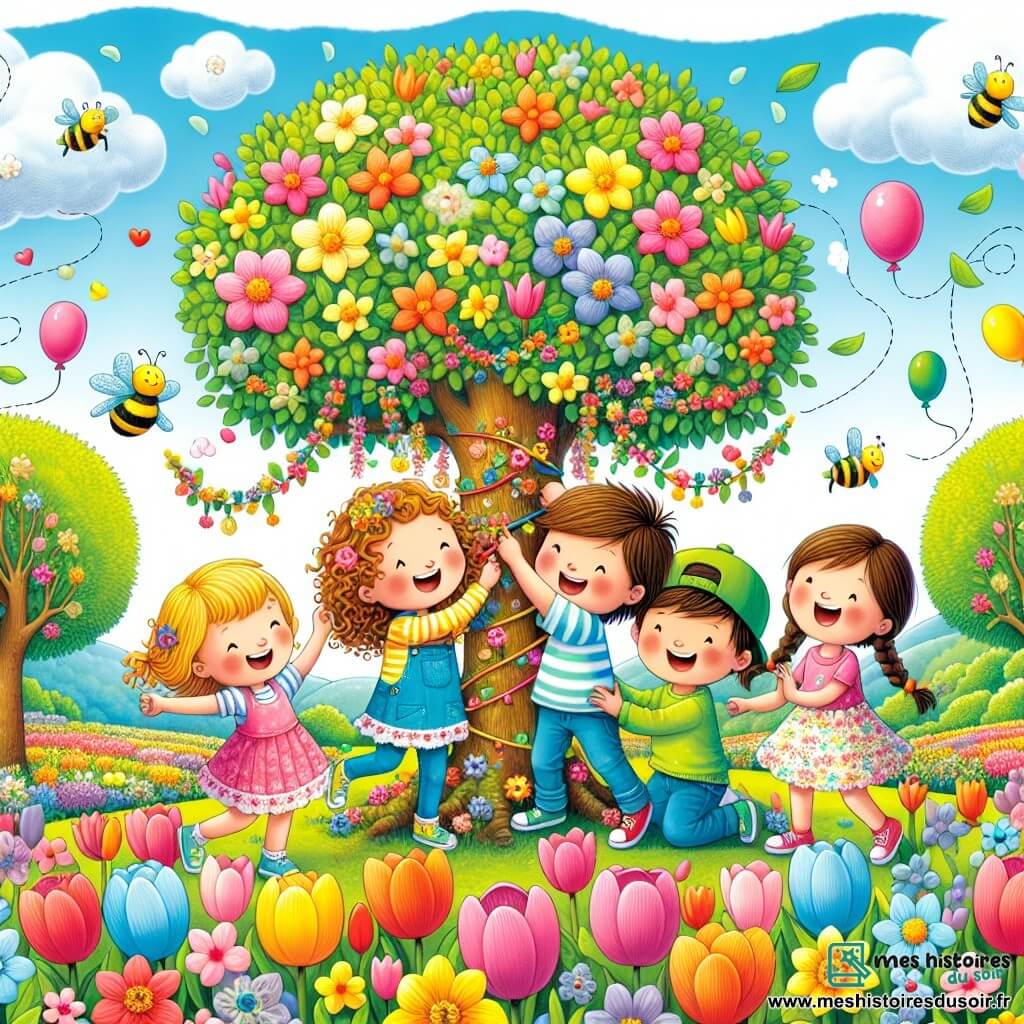 Illustration destinée aux enfants représentant un jardin printanier éclatant de couleurs, avec des tulipes et des jonquilles en fleurs, des arbres feuillus sous un ciel bleu azur parsemé de nuages blancs duveteux. Au centre, un groupe de quatre enfants de 9 ans, deux filles aux cheveux bouclés et blonds, l'une portant une robe rose et l'autre un t-shirt jaune, ainsi qu'un garçon aux cheveux bruns et une casquette verte, et une autre fille avec des tresses et une jupe à fleurs, tous riant et dansant joyeusement tout en décorant un grand arbre avec des guirlandes de fleurs. En arrière-plan, des abeilles bourdonnent autour des fleurs, et des ballons colorés flottent doucement dans le vent, créant une atmosphère festive et joyeuse, symbolisant l'arrivée du printemps et l'amitié.