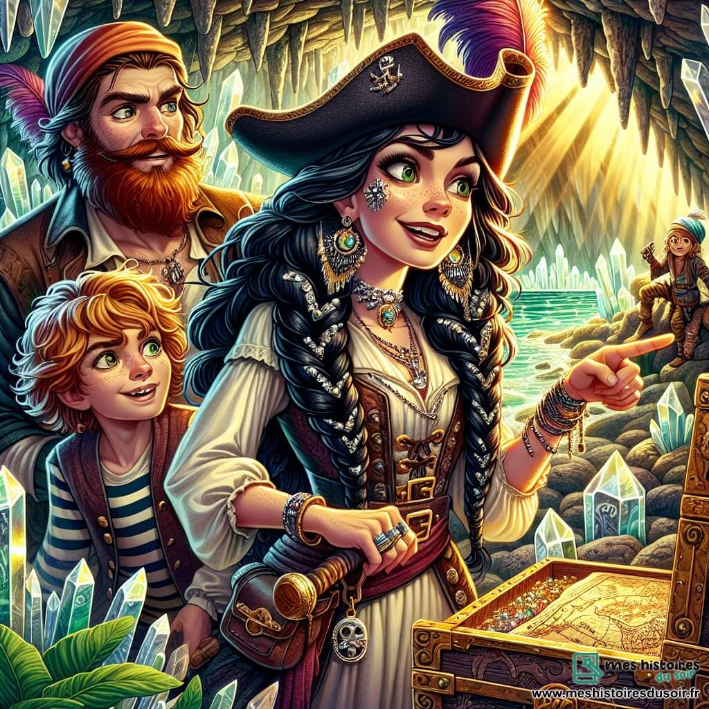 Illustration d'une caverne mystérieuse aux parois scintillantes de cristaux lumineux, où des ombres dansent sur les rochers. Au centre, une femme pirate aux longs cheveux d'ébène tressés, portant un chapeau à large bord orné de plumes colorées, se tient fièrement. Elle a des yeux perçants et un sourire espiègle, tenant une carte ancienne dans une main et pointant un coffre ancien, son visage illuminé par une lueur dorée. À ses côtés, un homme robuste d'environ 30 ans, avec une barbe rousse et des vêtements de marin, observe la scène avec admiration, les bras croisés. Un jeune garçon d'environ 12 ans, aux cheveux blonds en bataille, grimpe sur un rocher, les yeux écarquillés de curiosité, prêt à découvrir le trésor. La scène montre la pirate et son équipage face à un coffre ancien, entouré de pierres gravées, tandis qu'un serpent lézard majestueux, aux écailles brillantes, se dresse en gardien, prêt à poser une énigme. Des plantes tropicales luxuriantes et des éclats de lumière émanant des cristaux ajoutent à l'ambiance de mystère et d'aventure.
