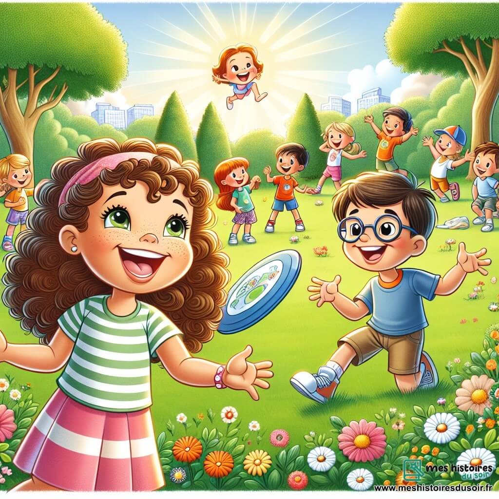Une illustration sous forme de dessin destinée aux enfants représentant un parc ensoleillé avec des arbres verdoyants et des fleurs colorées, où une petite fille de 5 ans aux cheveux bouclés et aux yeux pétillants, assise sur l'herbe, lance joyeusement un frisbee à un garçon de son âge, aux cheveux bruns et aux lunettes, qui rit en retour, tandis qu'un groupe d'enfants les entoure, tous souriants et engagés dans des jeux, illustrant l'esprit d'amitié et de solidarité face aux défis de la maladie.