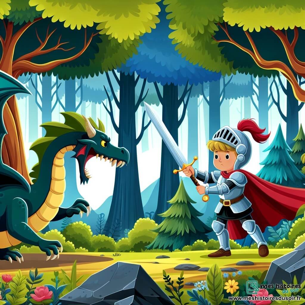 Une illustration destinée aux enfants représentant un jeune chevalier courageux affrontant un dragon féroce pour sauver une princesse captive, dans une forêt enchantée aux arbres majestueux et aux couleurs chatoyantes.