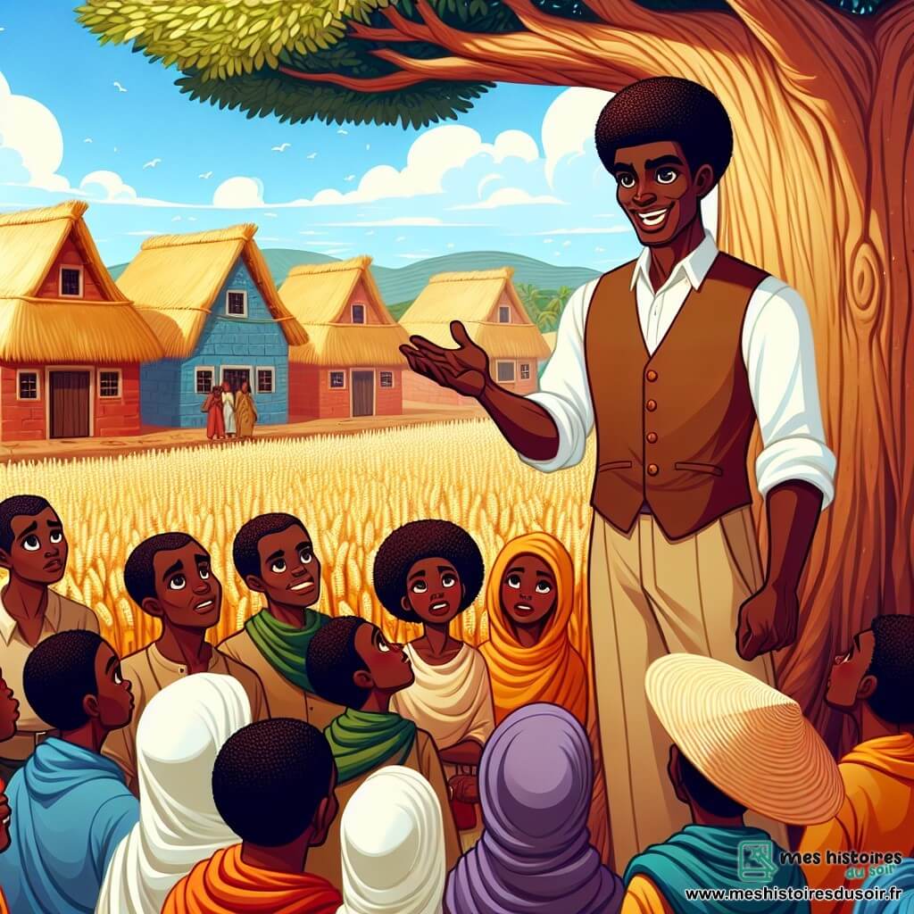 Une illustration sous forme de dessin destinée aux enfants représentant un village africain vibrant, avec des maisons en terre cuite aux toits de chaume, où un homme grand et charismatique, à la peau sombre et aux yeux pétillants, se tient debout sous un grand baobab, en train de parler avec passion à un groupe de villageois, dont une femme au sourire chaleureux et un garçon curieux aux cheveux crépus, tous écoutant attentivement alors qu'ils discutent de l'importance de l'unité face à des étrangers menaçants qui s'approprient leurs terres, avec des champs de mil doré en arrière-plan et un ciel bleu éclatant.