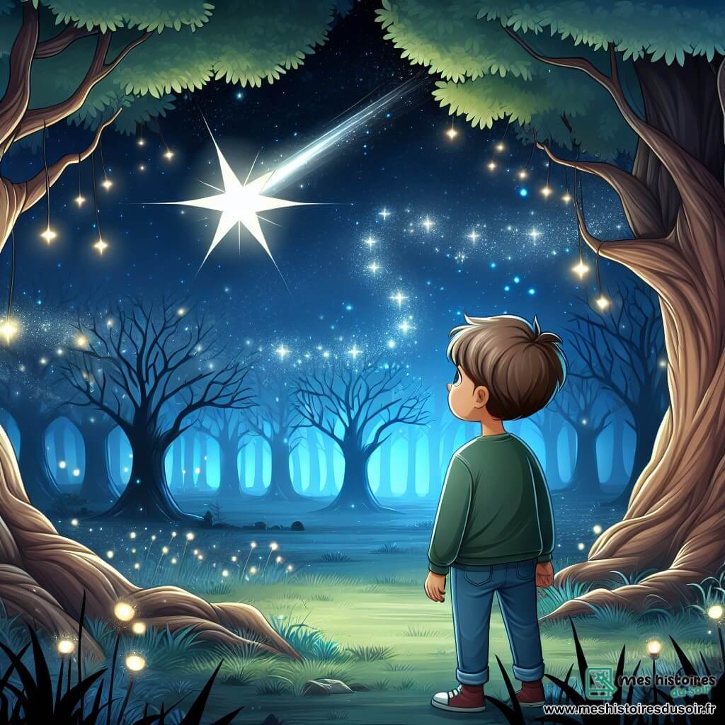 Une illustration destinée aux enfants représentant un jeune garçon rêveur se tenant au bord d'une clairière enchantée, accompagné par une étoile filante lumineuse, dans une forêt mystérieuse aux arbres centenaires et aux lucioles dansant sous un ciel étoilé.