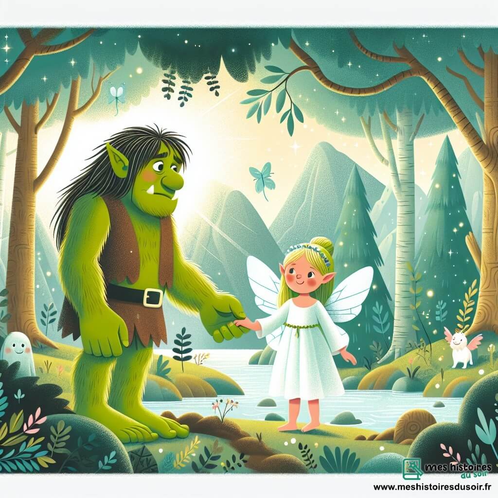 Une illustration destinée aux enfants représentant un jeune ogre effrayé, une fée douce et brillante, se tenant la main dans une forêt enchantée aux arbres centenaires, ruisseaux chantants et montagnes mystérieuses.