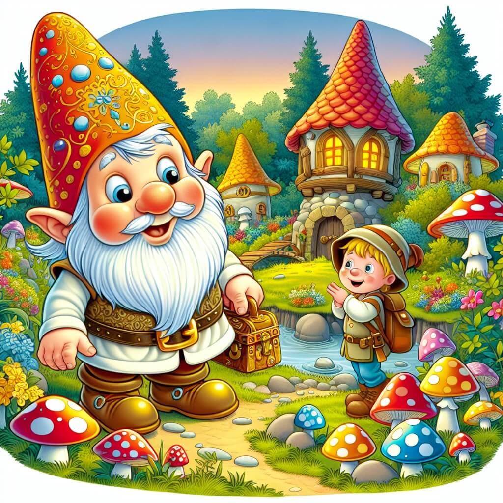 Une illustration destinée aux enfants représentant un lutin farceur découvrant un trésor enchanté avec l'aide d'un jeune explorateur, dans un village magique fait de maisons champignons colorés au cœur d'une clairière enchantée.