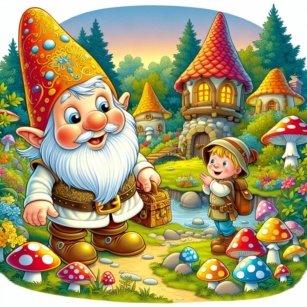 Une illustration destinée aux enfants représentant un lutin farceur découvrant un trésor enchanté avec l'aide d'un jeune explorateur, dans un village magique fait de maisons champignons colorés au cœur d'une clairière enchantée.