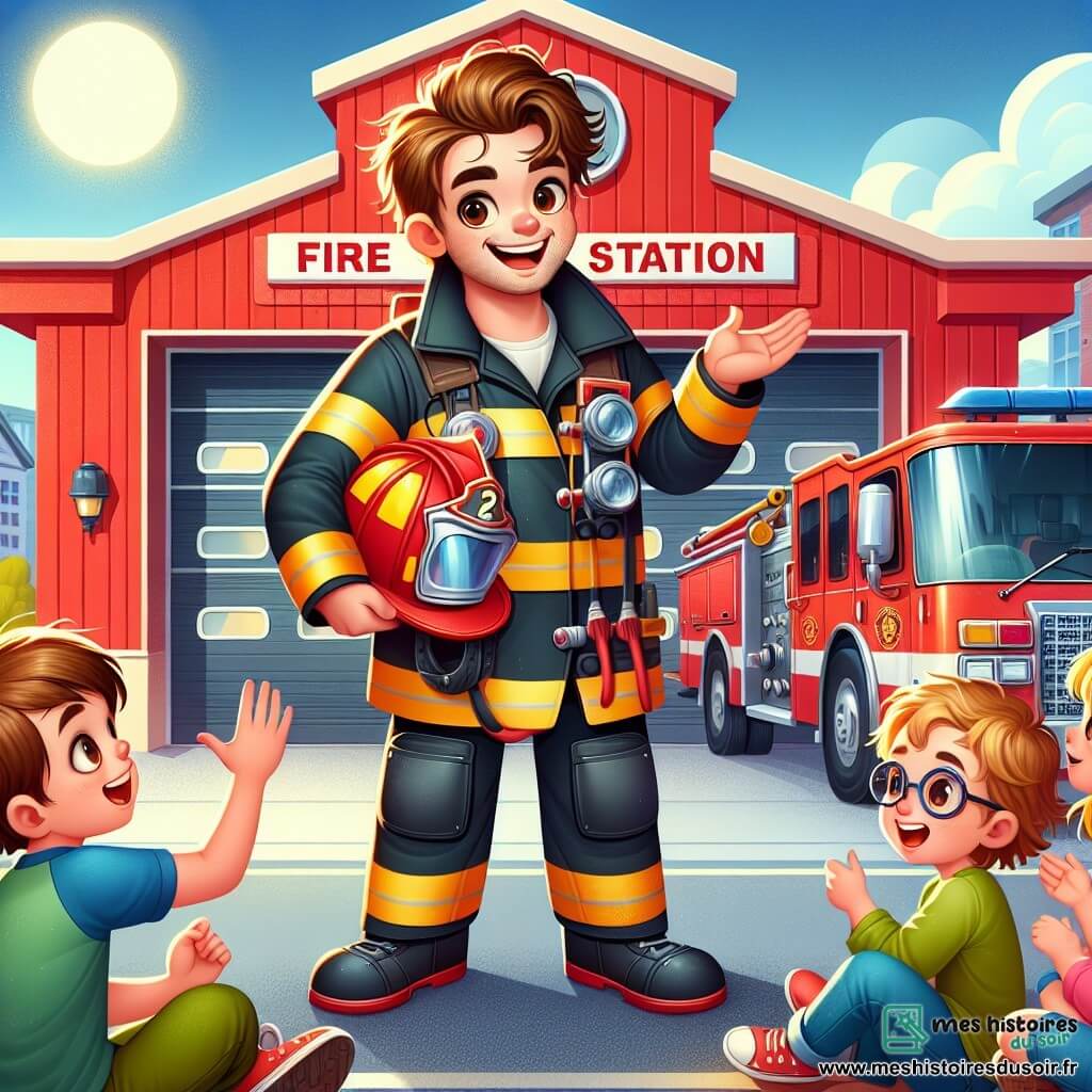 Illustration d'une caserne de pompiers colorée avec des murs rouges et des camions étincelants devant. Le soleil brille dans un ciel bleu clair, illuminant des enfants qui jouent joyeusement dans le parc voisin. Au centre, un homme imposant avec des cheveux bruns en désordre et un grand sourire porte un uniforme de pompier. Il se tient à côté d'un camion, montrant un casque et une lance à incendie tout en expliquant à un groupe d'enfants. Parmi eux, un garçon de 8 ans avec des cheveux blonds lève la main pour poser une question, tandis qu'une petite fille de 7 ans avec des lunettes roses écoute attentivement. La scène dégage une ambiance joyeuse et éducative, symbolisant l'esprit d'équipe et l'aventure du métier de pompier.
