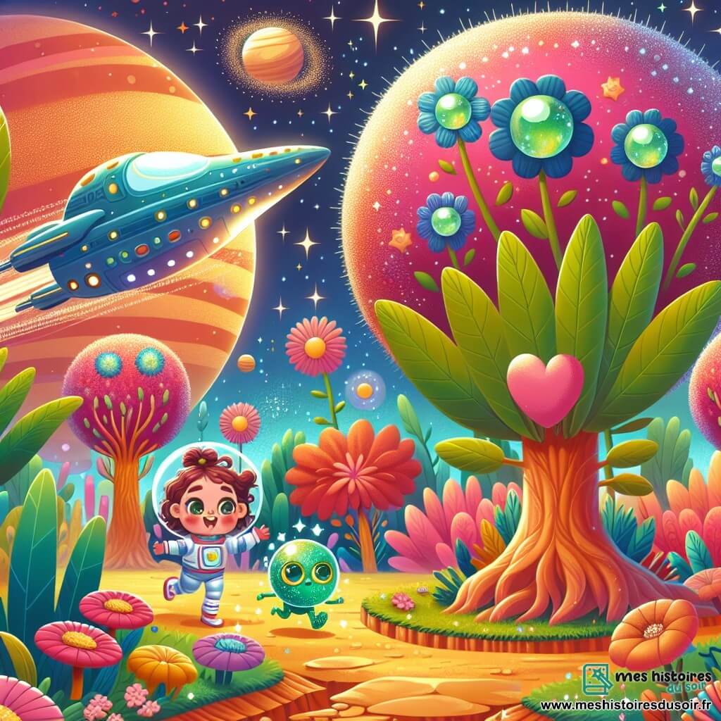 Une illustration sous forme de dessin destinée aux enfants représentant une magnifique planète jardin aux couleurs éclatantes, avec des arbres gigantesques aux feuilles en forme de cœur et des fleurs géantes dansant au vent, où une petite fille aux cheveux bouclés et brillants, vêtue d'une combinaison spatiale colorée, sourit joyeusement en jouant à cache-cache avec un petit être vert aux yeux ronds et brillants, qui bondit autour d'elle, tandis qu'un vaisseau spatial scintillant se dresse en arrière-plan, symbolisant l'aventure et l'amitié dans l'espace.