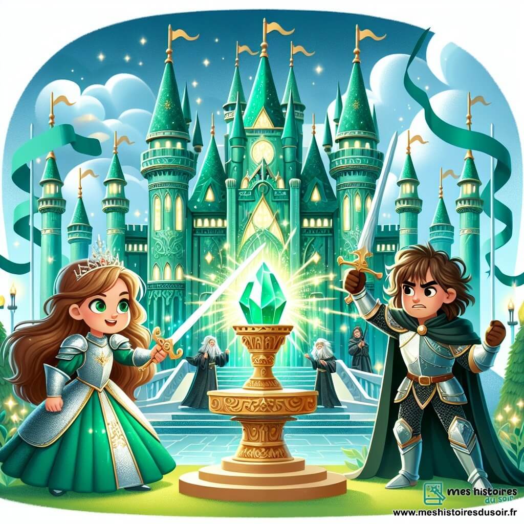 Une illustration sous forme de dessin destinée aux enfants représentant un majestueux château d'Émeraude, avec ses tours scintillantes et ses drapeaux flottants, où une courageuse chevaleresse aux longs cheveux bruns et aux yeux verts pétillants, vêtue d'une armure étincelante, brandit fièrement son épée face à un sorcier maléfique aux vêtements sombres et à l'air menaçant, tandis qu'un jeune écuyer aux cheveux bouclés et au sourire contagieux se tient à ses côtés, prêt à l'aider dans leur quête pour récupérer la Pierre de Lumière, illuminée par une douce lueur magique émanant du piédestal au centre de la scène.