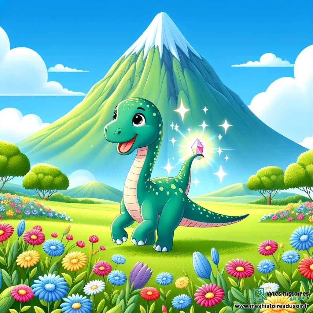 Une illustration sous forme de dessin destinée aux enfants représentant une vaste montagne verdoyante sous un ciel bleu éclatant, avec un diplodocus aux longs cou et queue, joyeusement en train de danser parmi des fleurs colorées qui viennent d'apparaître autour de lui, tandis qu'une pierre brillante et magique flotte à ses côtés, émettant une douce lueur, créant une atmosphère de magie et de bonheur.