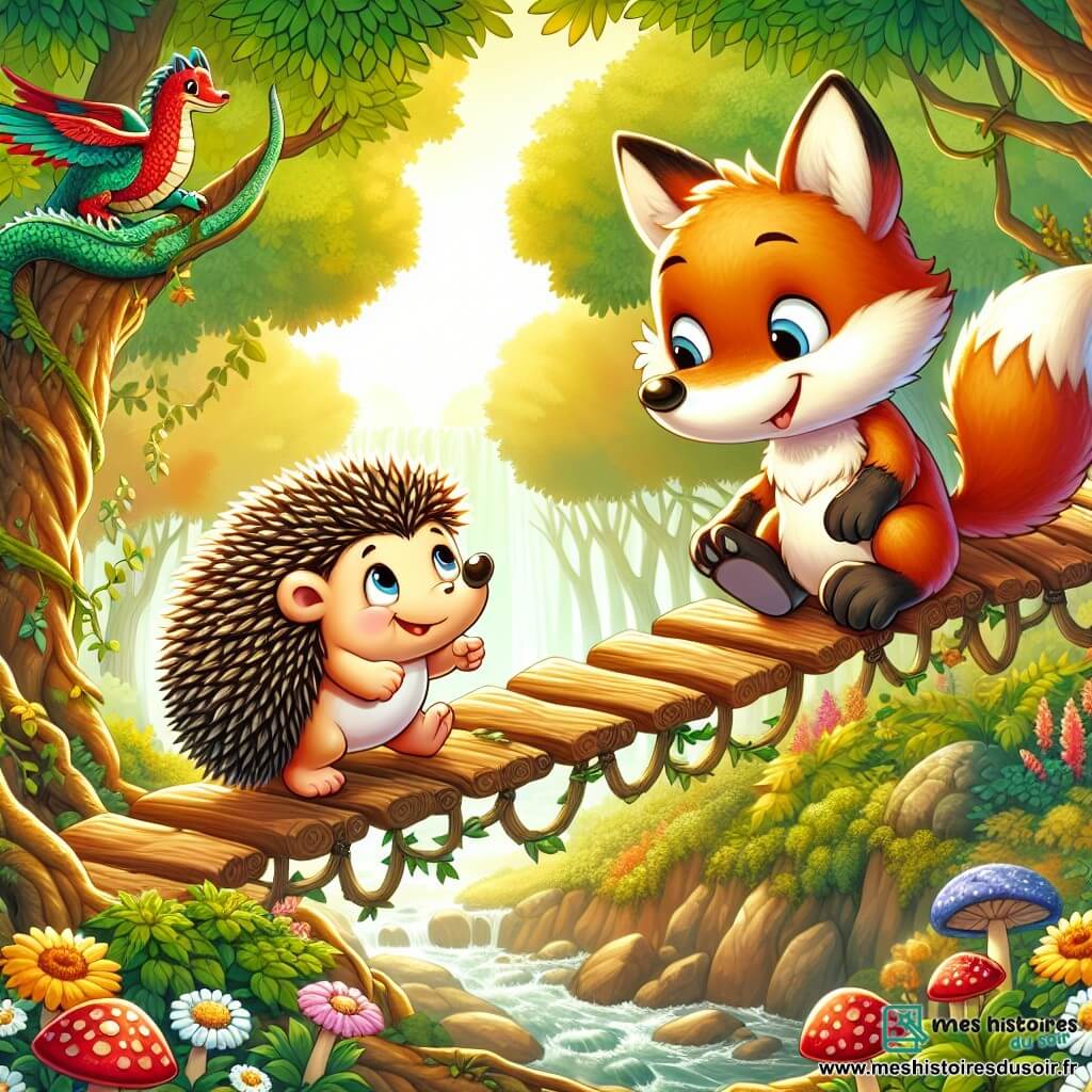 Une illustration sous forme de dessin destinée aux enfants représentant une forêt enchantée, avec des arbres aux feuilles vertes vibrantes et des fleurs colorées, où un petit hérisson aux piquants doux et brillants, curieux et déterminé, traverse une passerelle suspendue au-dessus d'un gouffre, tandis qu'un renard malicieux à la fourrure rousse éclatante l'encourage avec un sourire, le tout baigné dans une lumière dorée qui évoque l'amitié et le courage, avec un dragon aux écailles dorées observant la scène avec bienveillance en arrière-plan.