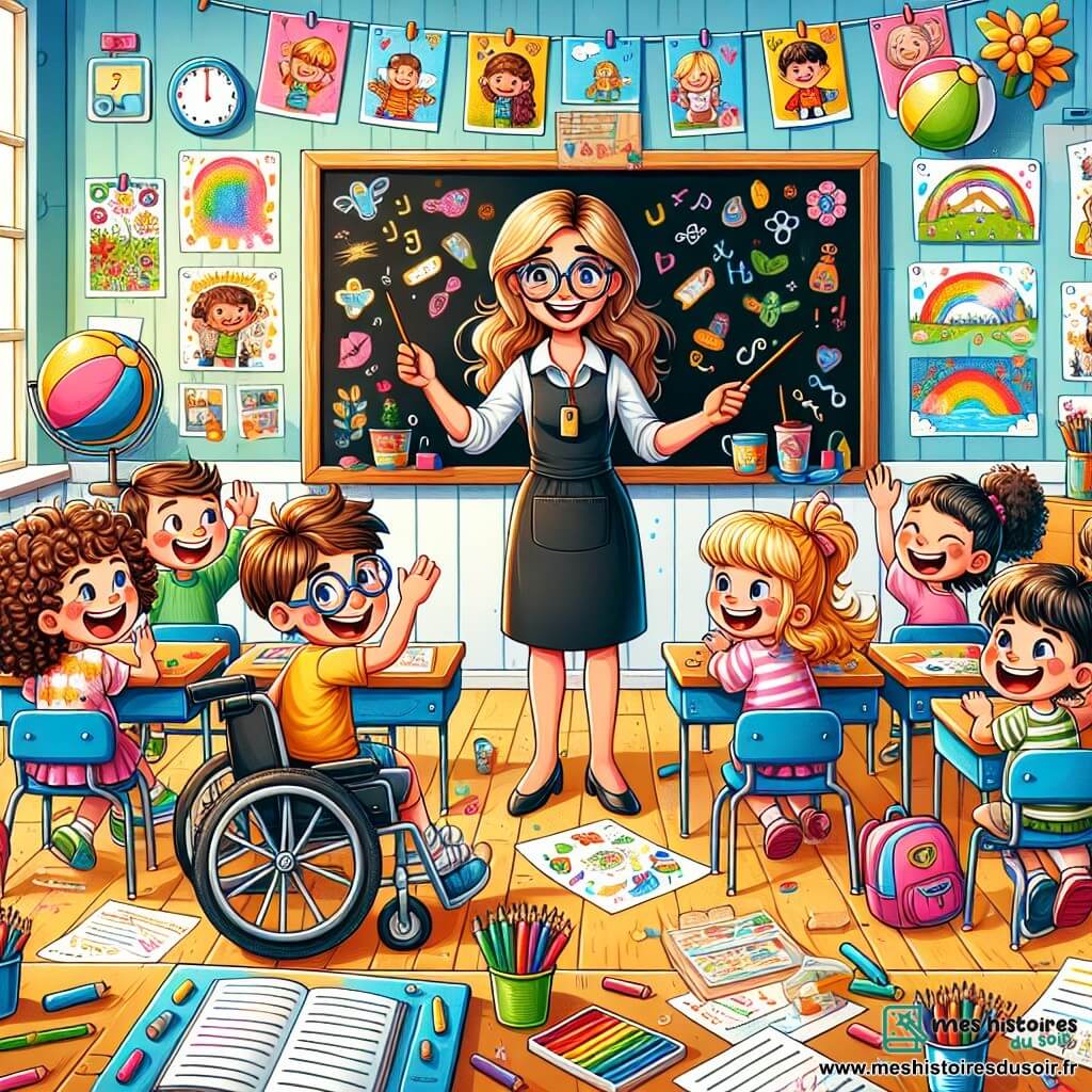 Illustration d'une salle de classe lumineuse et colorée, avec des murs ornés d'affiches joyeuses et de dessins d'enfants. Au centre, un grand tableau noir où la maîtresse écrit avec des craies colorées. Un garçon de huit ans, aux cheveux bruns et bouclés, sourit en tenant une balle. À côté, une fille avec des cheveux blonds et des lunettes lève la main avec enthousiasme. Un autre garçon, en fauteuil roulant, avec des cheveux châtains et des lunettes, sourit en regardant ses camarades. Les enfants sont en cercle, partageant leurs passions et leurs rêves pour l'année scolaire. Des crayons de couleur et des feuilles sont éparpillés sur les bureaux, et une fresque colorée d'un arbre aux mains entrelacées, symbole d'amitié, est accrochée au mur. L'atmosphère est pleine de rires et d'excitation, capturant l'esprit de la rentrée.