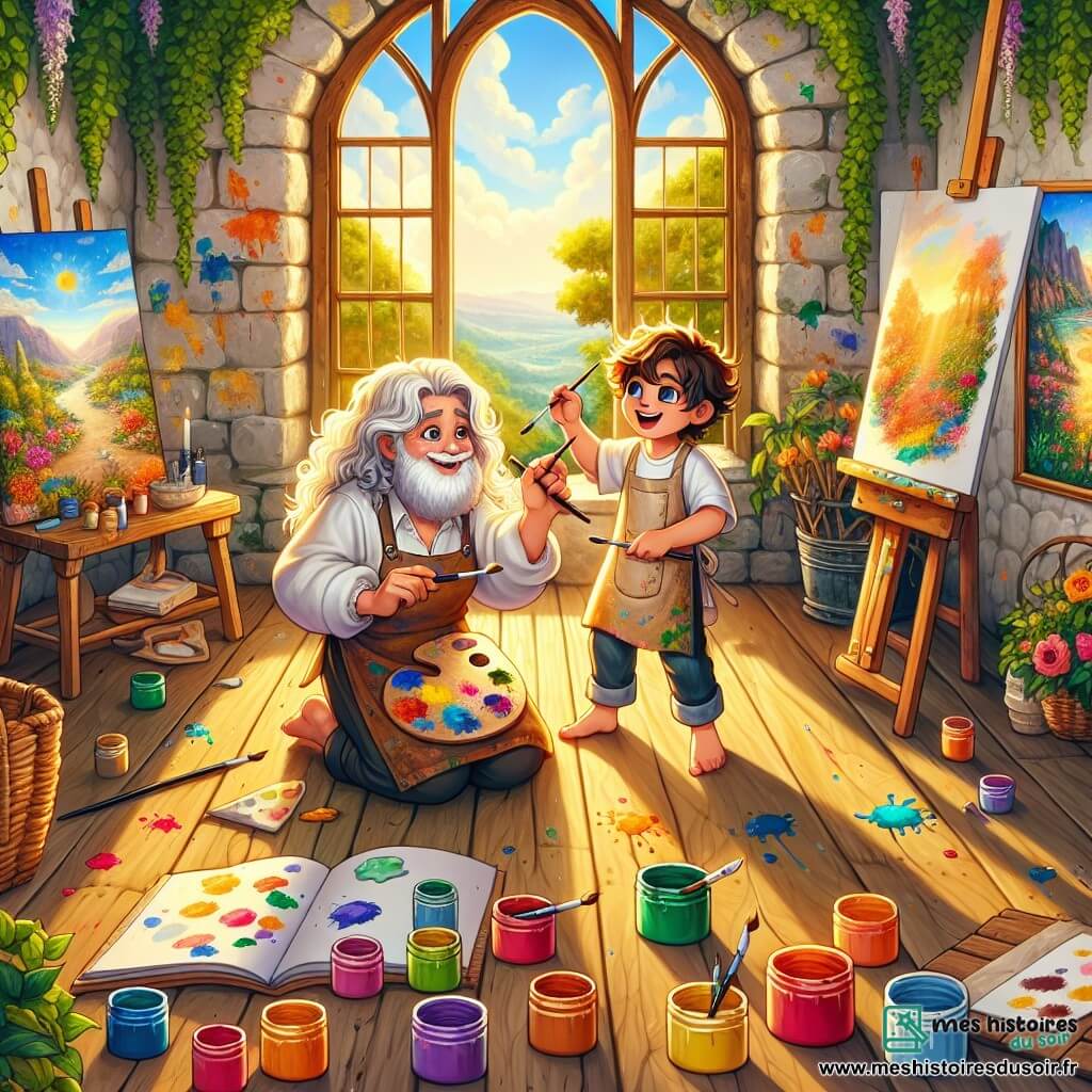 Illustration d'un atelier d'artiste chaleureux avec des murs en pierre recouverts de lierre et de grandes fenêtres laissant entrer la lumière dorée. À l'intérieur, des toiles colorées représentent des paysages vibrants et des créatures fantastiques. La femme âgée, aux cheveux argentés et bouclés, porte un tablier taché de peinture. Elle sourit bienveillante, tenant un pinceau et une palette, montrant à son jeune ami comment mélanger les couleurs. Le garçon, âgé d'environ six ans, avec des cheveux châtains en bataille et des yeux curieux, est penché sur une toile vierge, tenant un pinceau avec enthousiasme. Ils sont entourés de pots de peinture éclatants et de pinceaux de différentes tailles, avec des éclaboussures de peinture sur le sol en bois. Un carnet de croquis ouvert, rempli de dessins colorés, est posé sur une table à proximité, symbolisant l'imagination débordante du garçon.