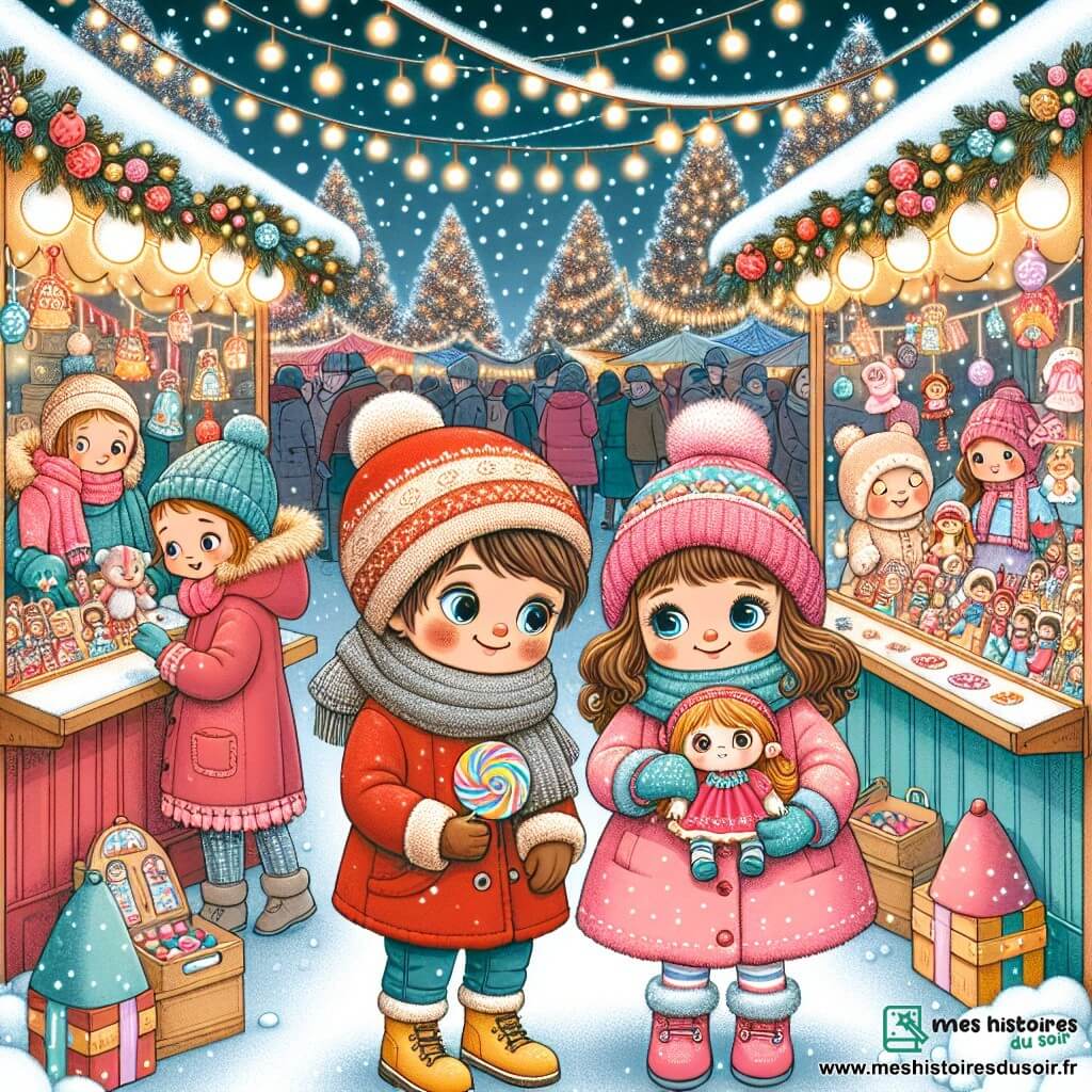 Illustration d'un marché de Noël animé, avec des stands colorés ornés de guirlandes lumineuses et des flocons de neige tombant doucement. Au centre, un petit garçon d'environ 5 ans, en manteau rouge et bonnet en laine, admire une poupée sur un stand. Ses yeux brillent de curiosité. À ses côtés, une petite fille d'environ 5 ans, avec des cheveux bouclés et un manteau rose, sourit en tenant un bonbon coloré. Ensemble, ils semblent un peu perdus mais joyeux, cherchant leurs mamans dans la foule. En arrière-plan, des familles se rassemblent, des enfants rient et jouent dans la neige, créant une ambiance festive avec des sapins décorés et des étoiles brillantes.