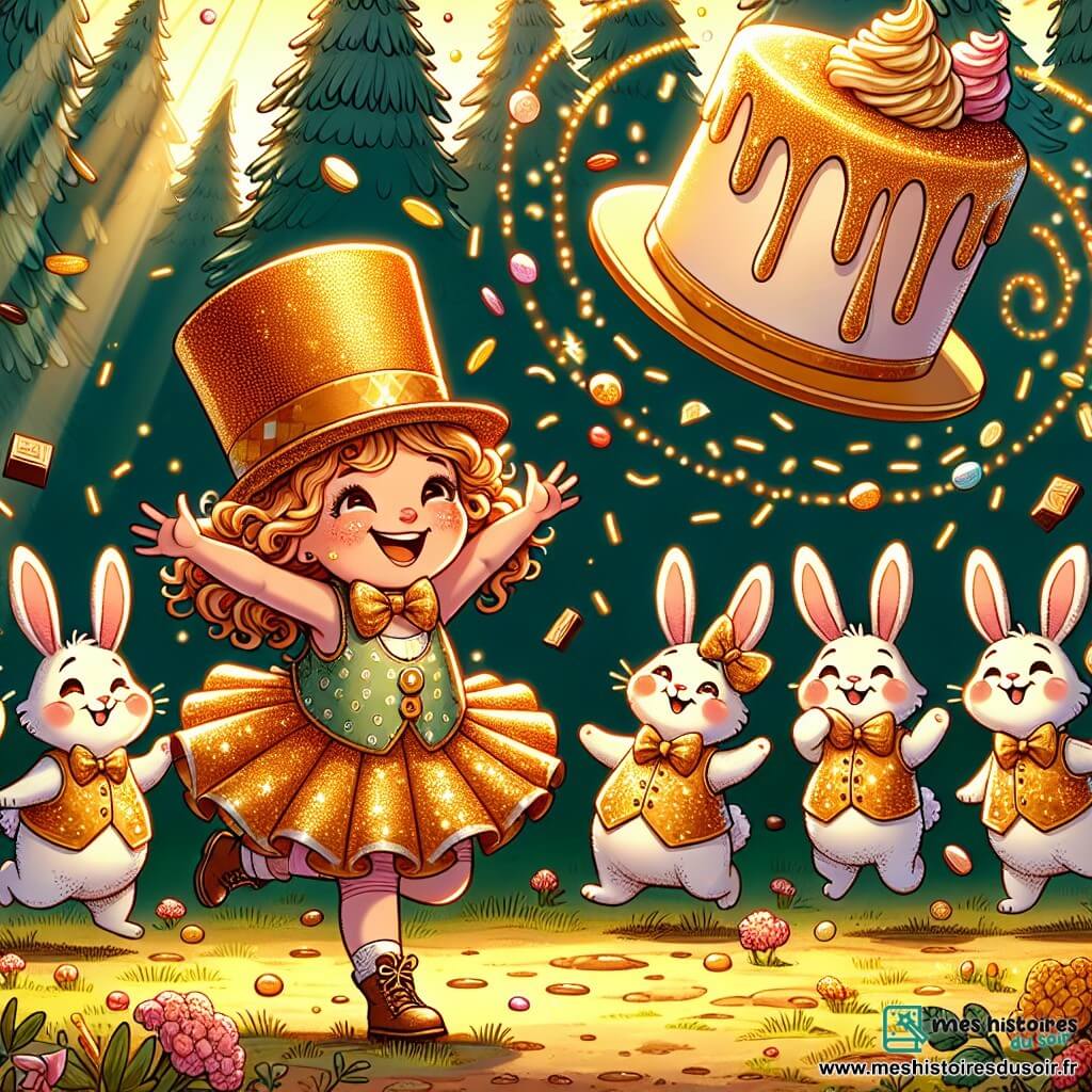 Une illustration sous forme de dessin destinée aux enfants représentant une clairière enchantée baignée de lumière dorée, avec une fille de 7 ans aux cheveux bouclés et pétillants, portant un chapeau haut de forme scintillant, qui danse joyeusement entourée de lapins en costume de cirque, chacun tenant une petite trompette dorée, alors qu'un gâteau géant volant tournoie au-dessus d'eux, laissant tomber des paillettes sucrées et des morceaux de chocolat, créant une ambiance festive et magique.